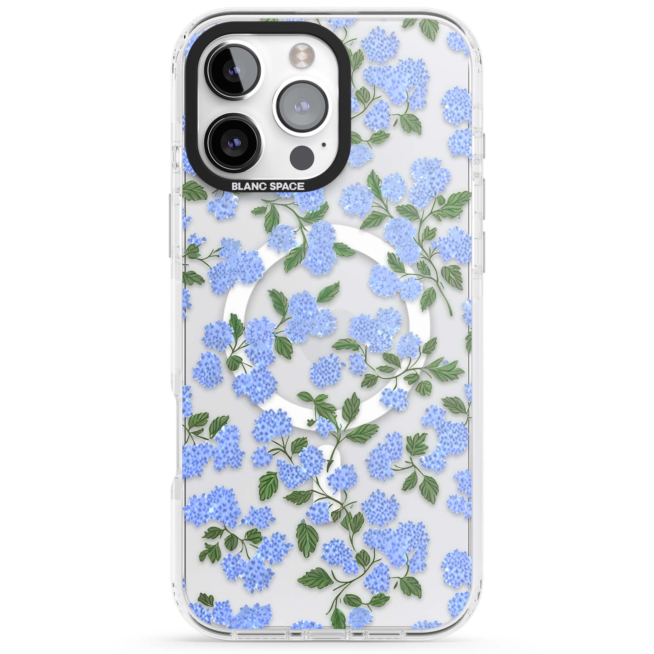 Hydrangea Dreams cottagecore iPhone case featuring soft blue hydrangea flower clusters and green leaves | Impact Magsafe case for iPhone 16 Pro, iPhone 16 Pro Max