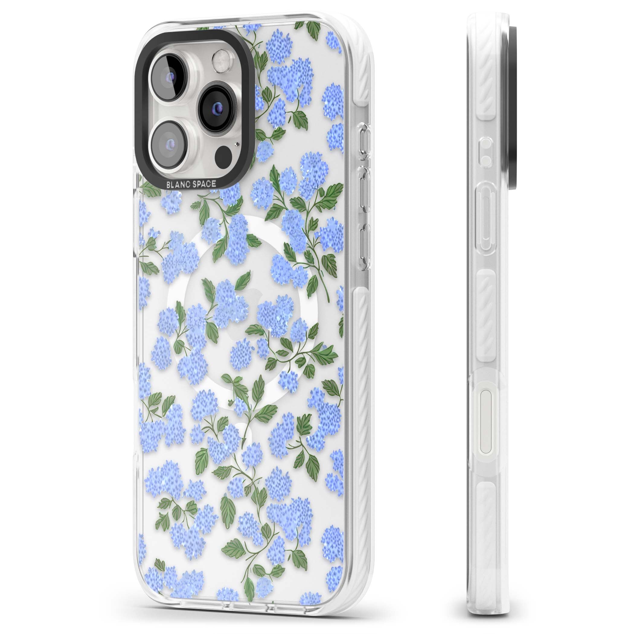 Hydrangea Dreams cottagecore iPhone case featuring soft blue hydrangea flower clusters and green leaves | Impact Magsafe case for iPhone 16 Pro, iPhone 16 Pro Max