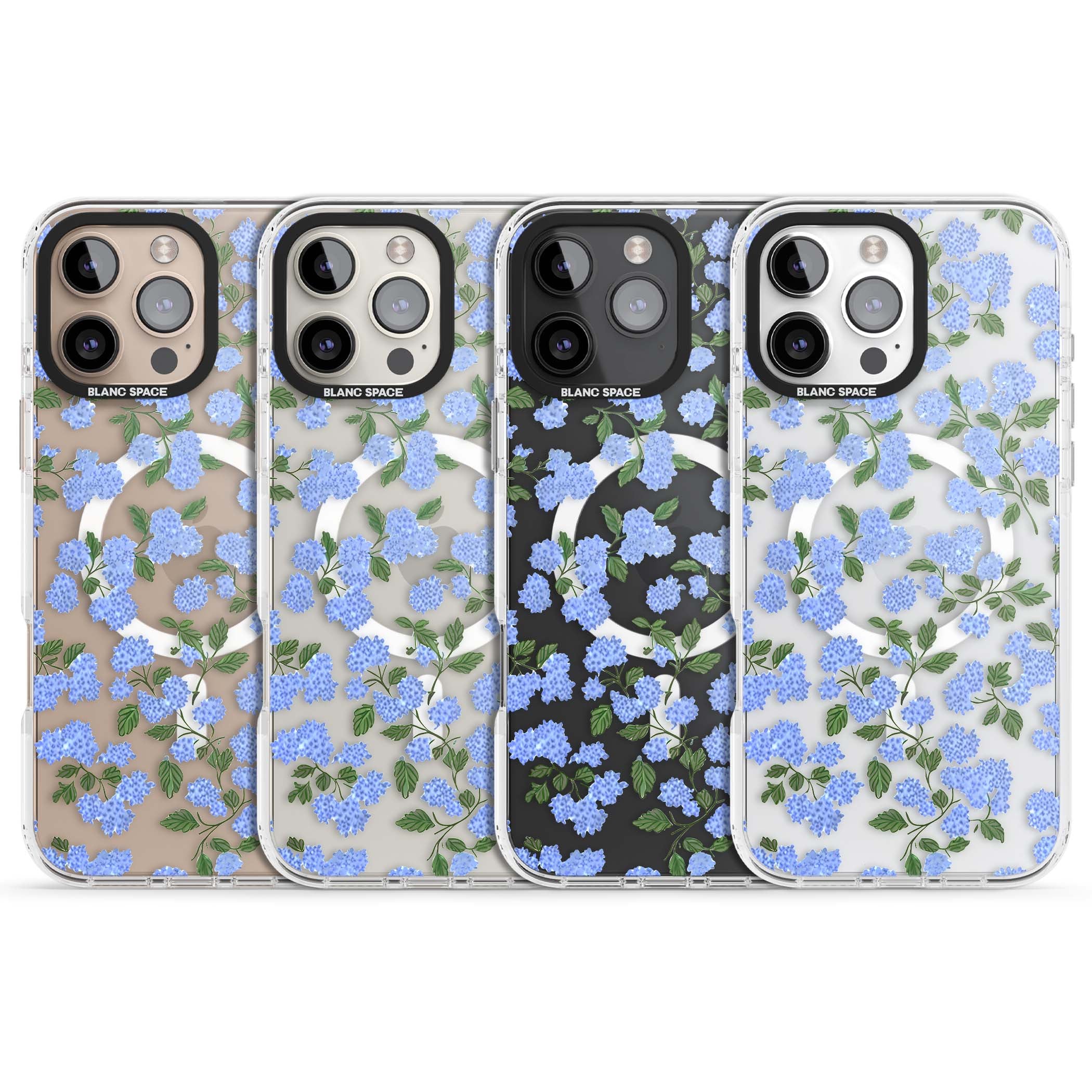 Hydrangea Dreams cottagecore iPhone case featuring soft blue hydrangea flower clusters and green leaves | Impact Magsafe case for iPhone 16 Pro, iPhone 16 Pro Max