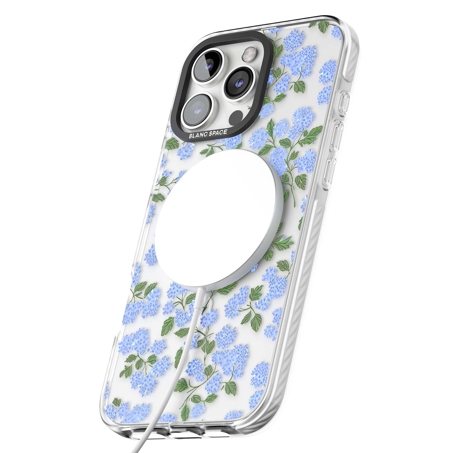 Hydrangea Dreams cottagecore iPhone case featuring soft blue hydrangea flower clusters and green leaves | Impact Magsafe case for iPhone 16 Pro, iPhone 16 Pro Max