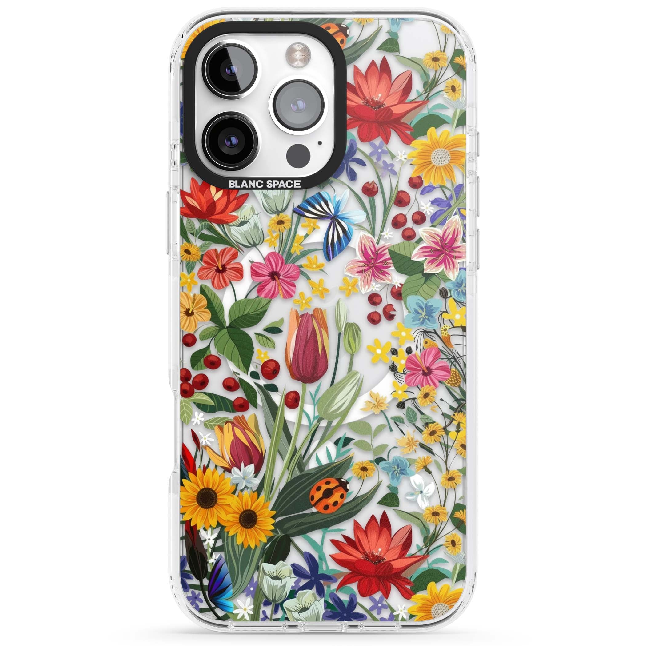 Botanical Bloom cottagecore iPhone case featuring colorful wildflowers, sunflowers, and ladybugs on clear background | Impact Magsafe case for iPhone 16 Pro, iPhone 16 Pro Max