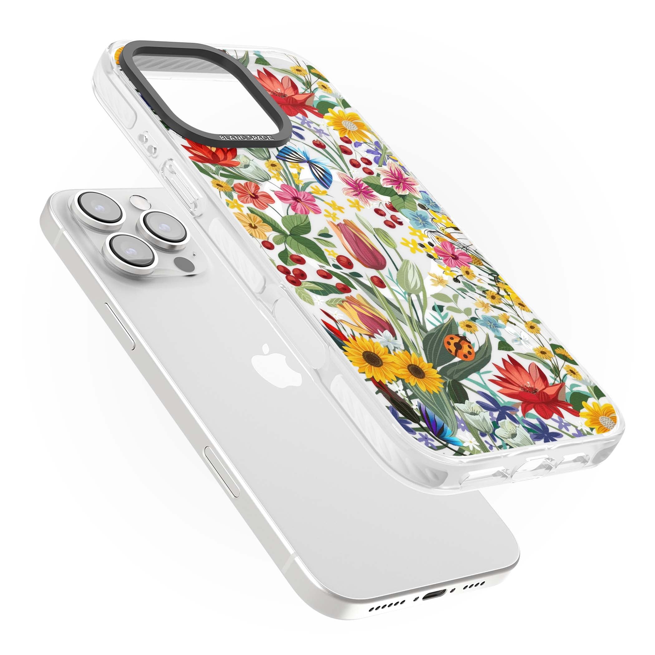 Botanical Bloom cottagecore iPhone case featuring colorful wildflowers, sunflowers, and ladybugs on clear background | Impact Magsafe case for iPhone 16 Pro, iPhone 16 Pro Max