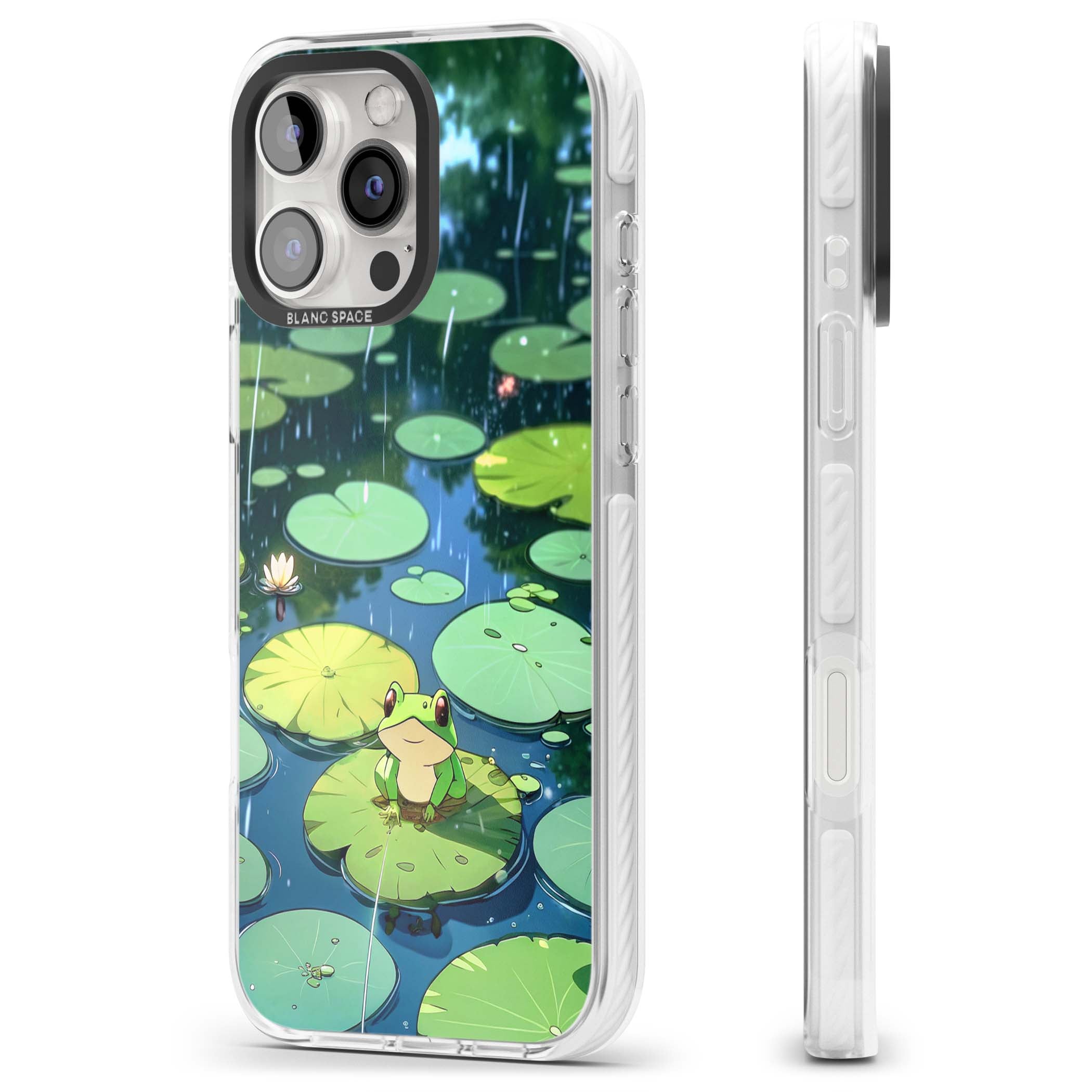 Frog In Lily Pond cottagecore iPhone case featuring a cute green frog on a lily pad with falling rain and a lotus flower | Impact Magsafe case for iPhone 16 Pro, iPhone 16 Pro Max
