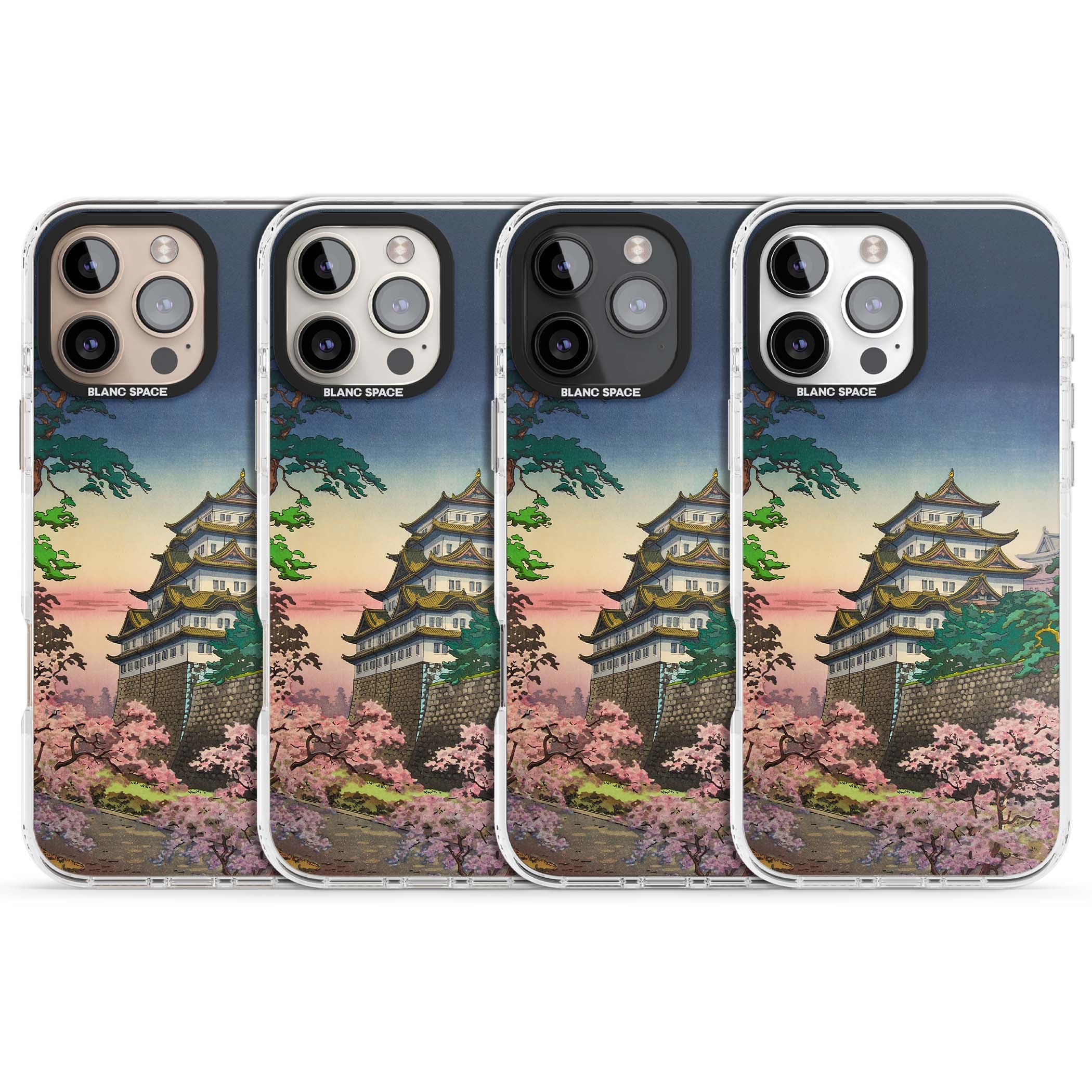 Nagoya Castle Japanese iPhone case featuring a vintage pagoda, twilight sky and cherry blossom trees | Impact Magsafe case for iPhone 16 Pro, iPhone 16 Pro Max