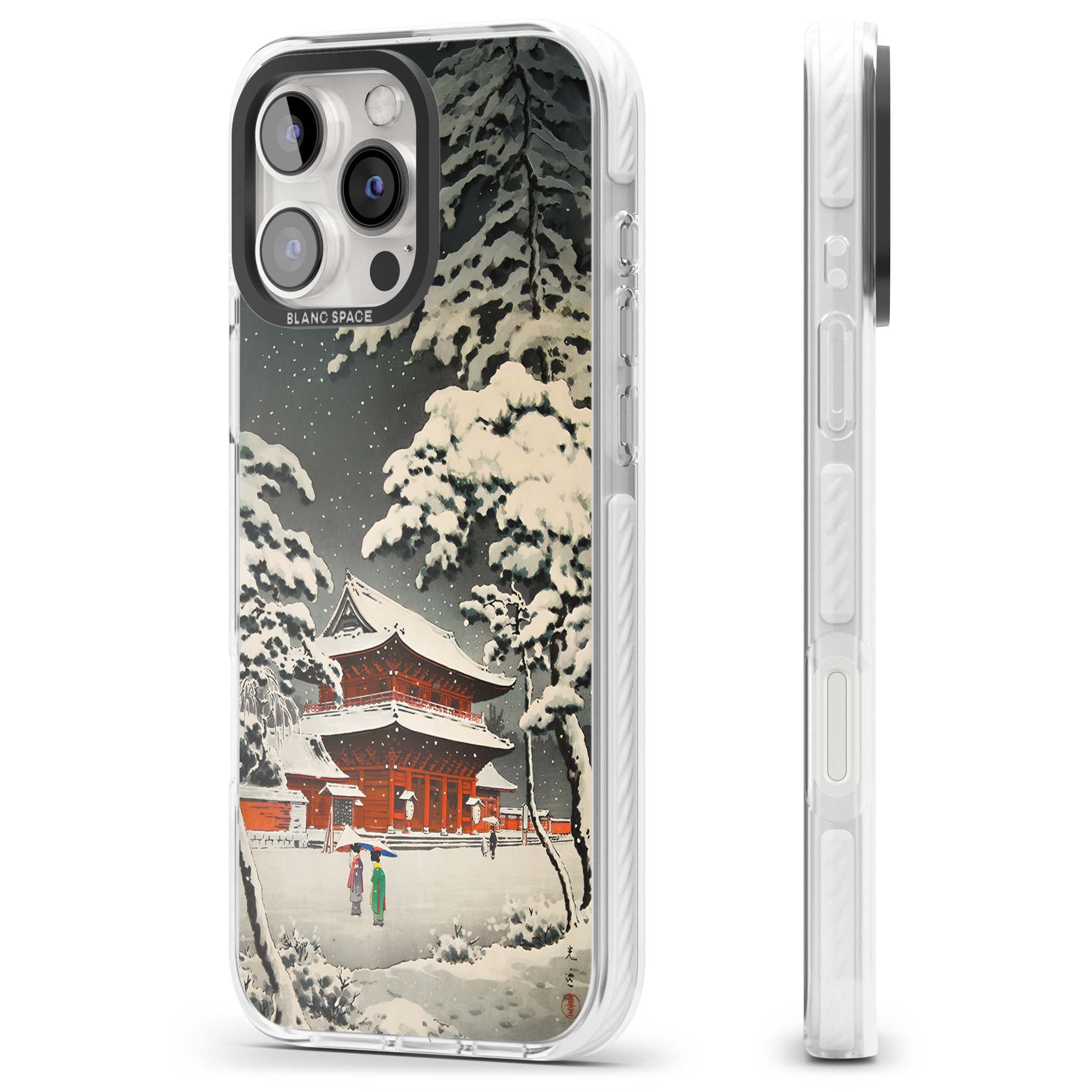 Snow at Shiha Park, Tokyo Japanese art iPhone case featuring a vintage ukiyo-e snowy temple, red pagoda, and snow-covered pin | Impact Magsafe case for iPhone 16 Pro, iPhone 16 Pro Max