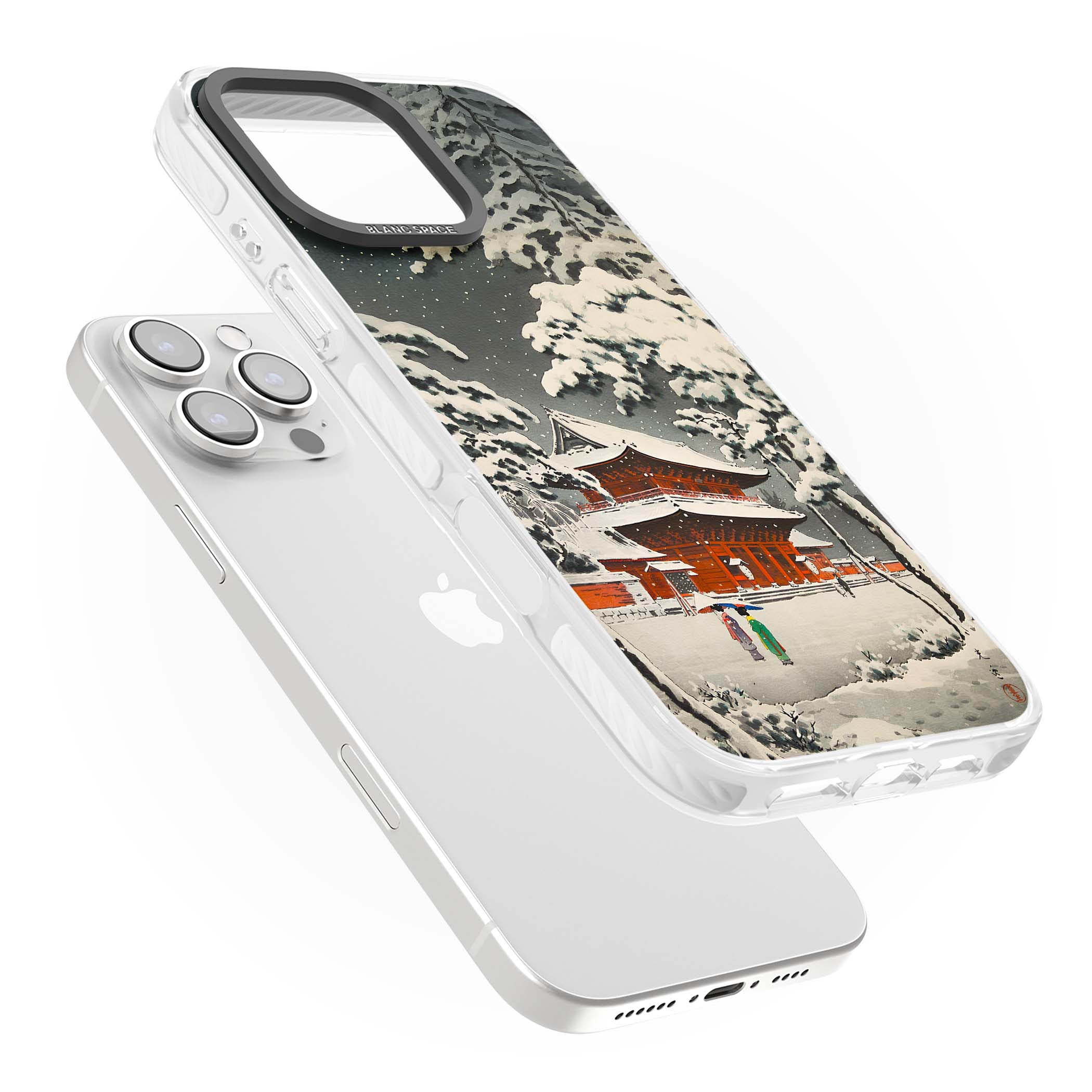 Snow at Shiha Park, Tokyo Japanese art iPhone case featuring a vintage ukiyo-e snowy temple, red pagoda, and snow-covered pin | Impact Magsafe case for iPhone 16 Pro, iPhone 16 Pro Max