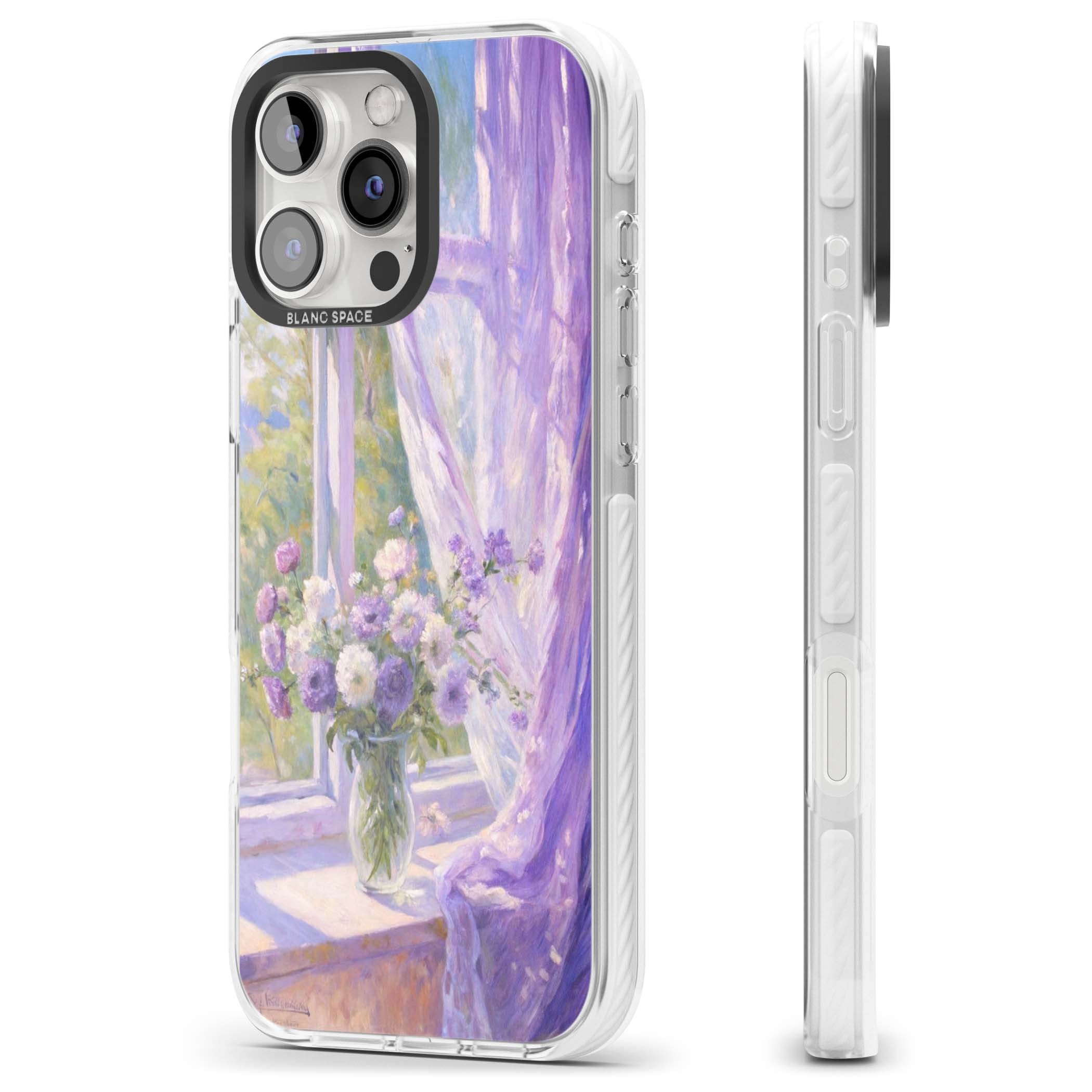 A Provence Morning impressionist art iPhone case featuring a vase of purple flowers, sunlit window and sheer curt | Impact Magsafe case for iPhone 16 Pro, iPhone 16 Pro Max