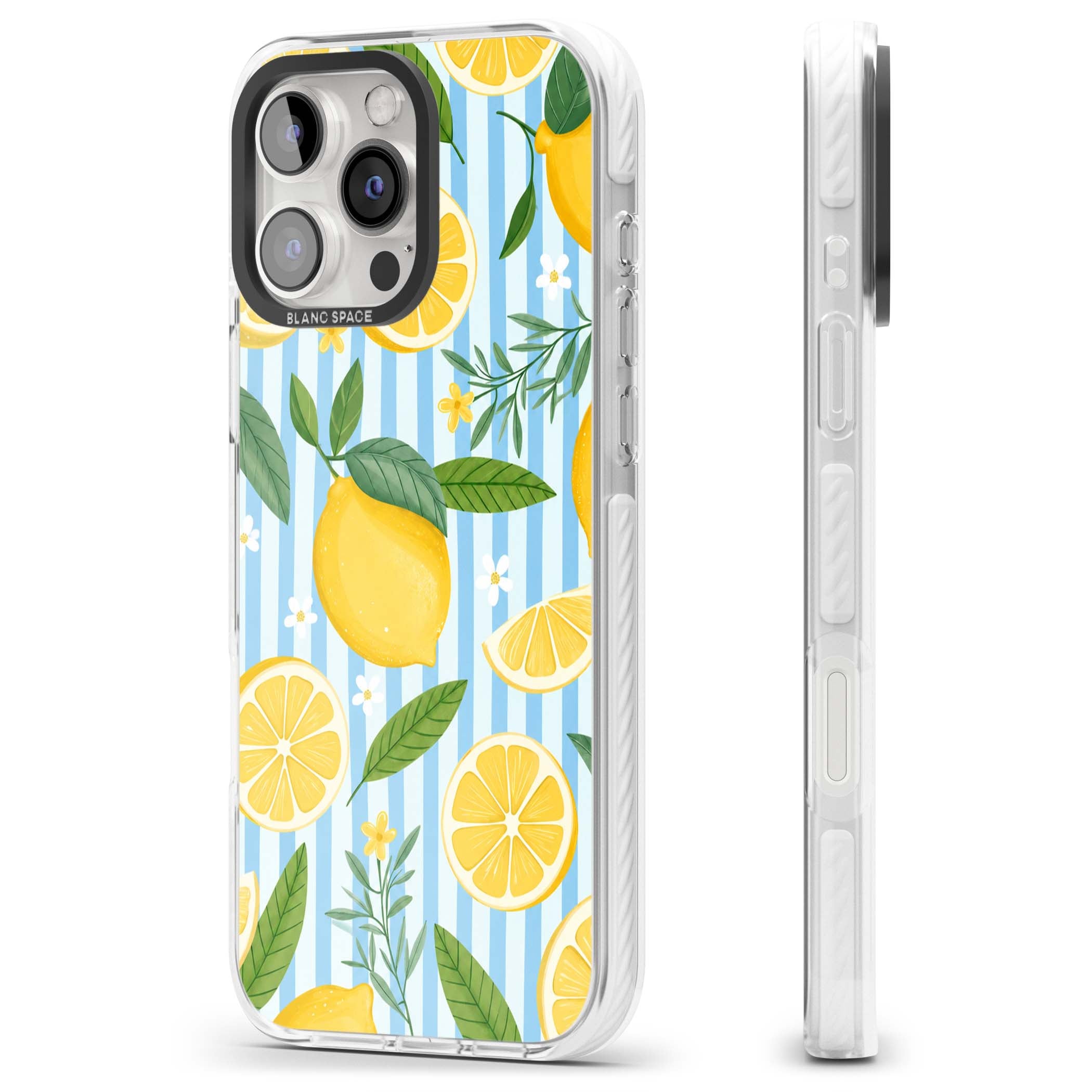 Capri Citrus Stripe coastal iPhone case featuring yellow lemons, blue stripes, and white daisy blossoms | Impact Magsafe case for iPhone 16 Pro, iPhone 16 Pro Max