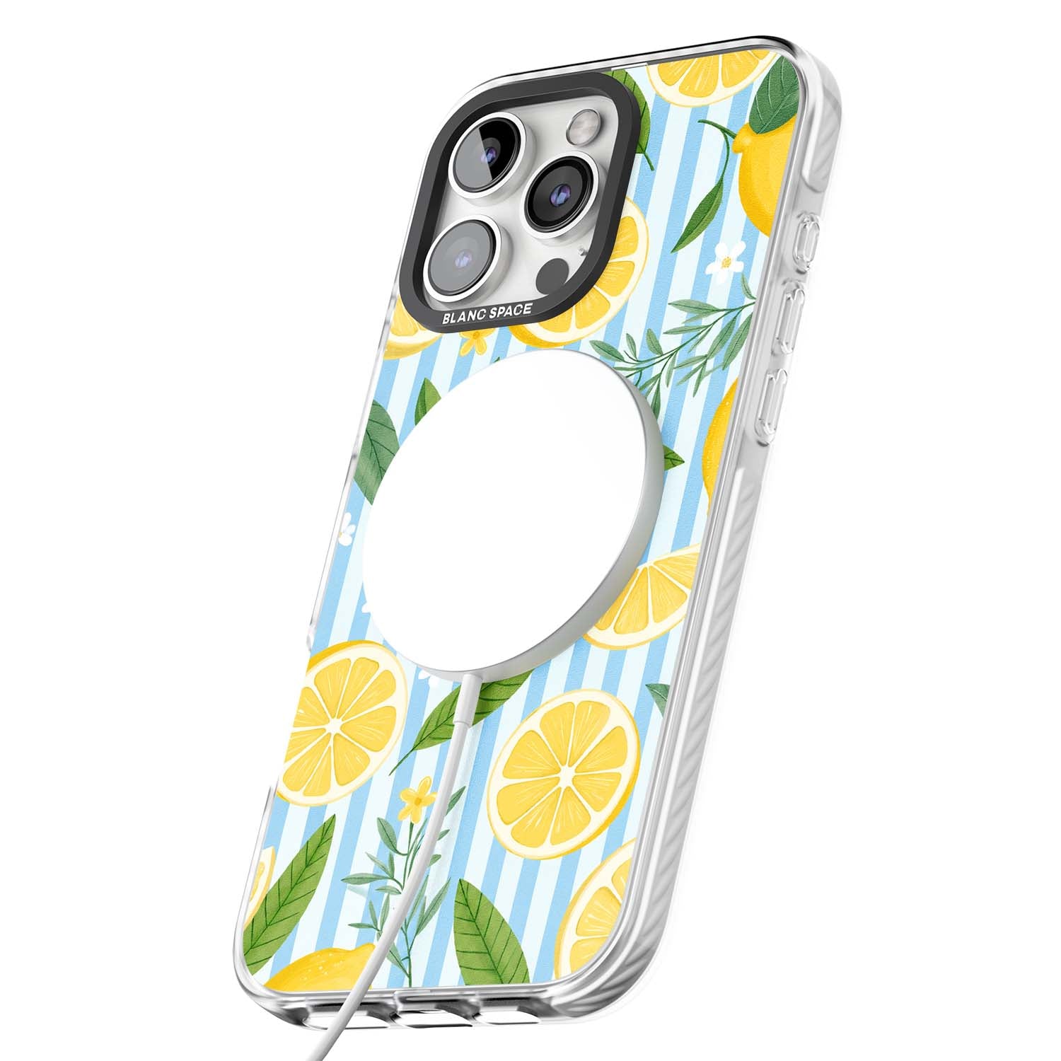 Capri Citrus Stripe coastal iPhone case featuring yellow lemons, blue stripes, and white daisy blossoms | Impact Magsafe case for iPhone 16 Pro, iPhone 16 Pro Max