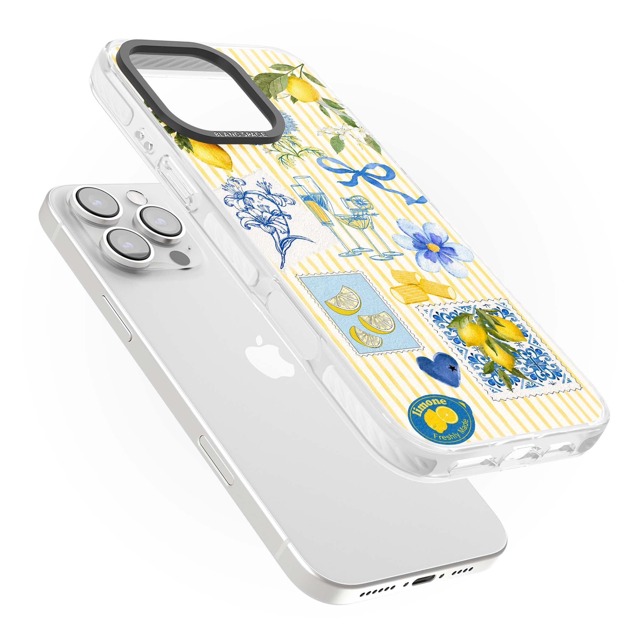 Limone Riviera Italian summer iPhone case featuring watercolour lemons, blue ribbon bows and majolica tile stamps on... | Impact Magsafe case for iPhone 16 Pro, iPhone 16 Pro Max