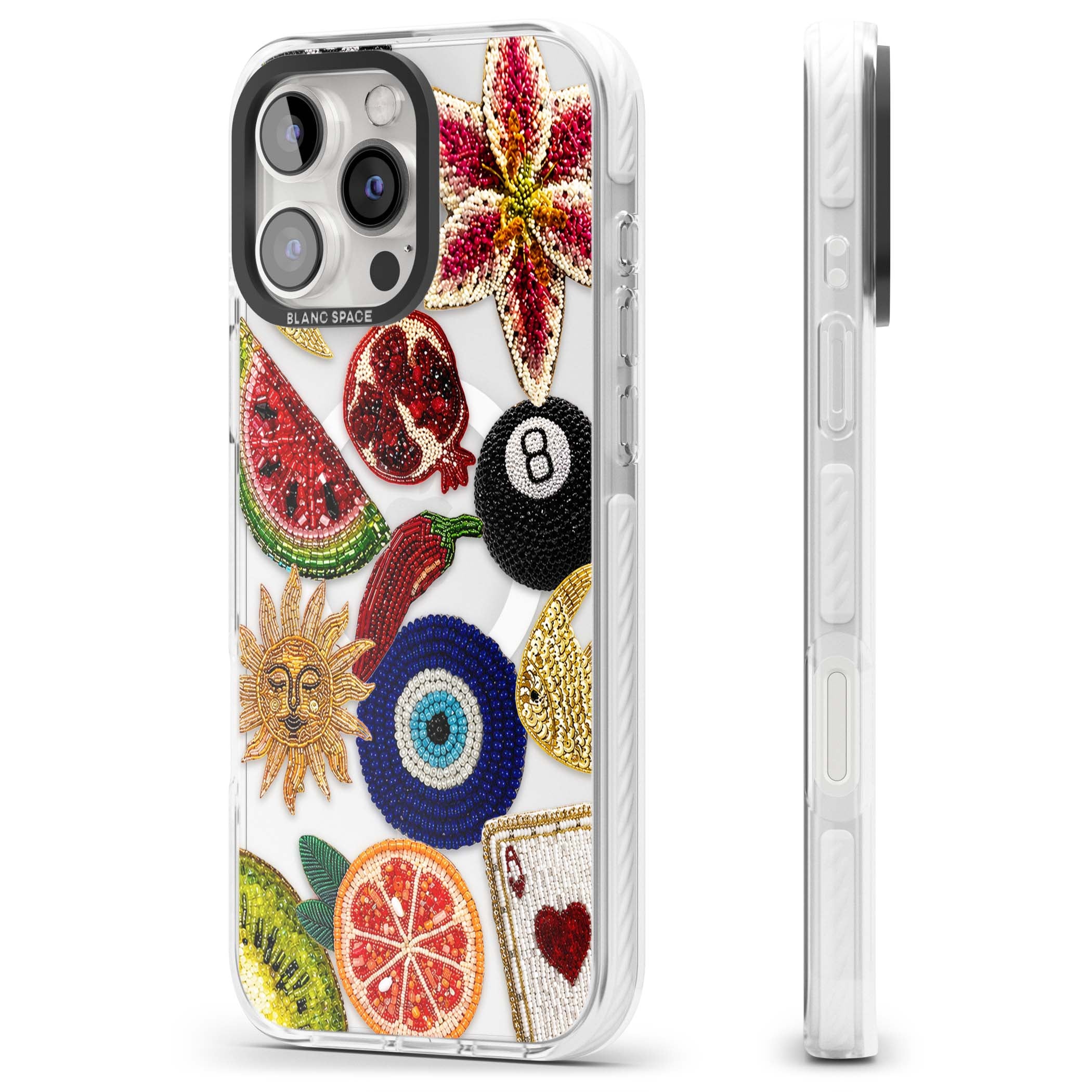 Beaded Charms embroidery iPhone case featuring beaded evil eye, fruit patches and a golden sun motif | Impact Magsafe case for iPhone 16 Pro, iPhone 16 Pro Max