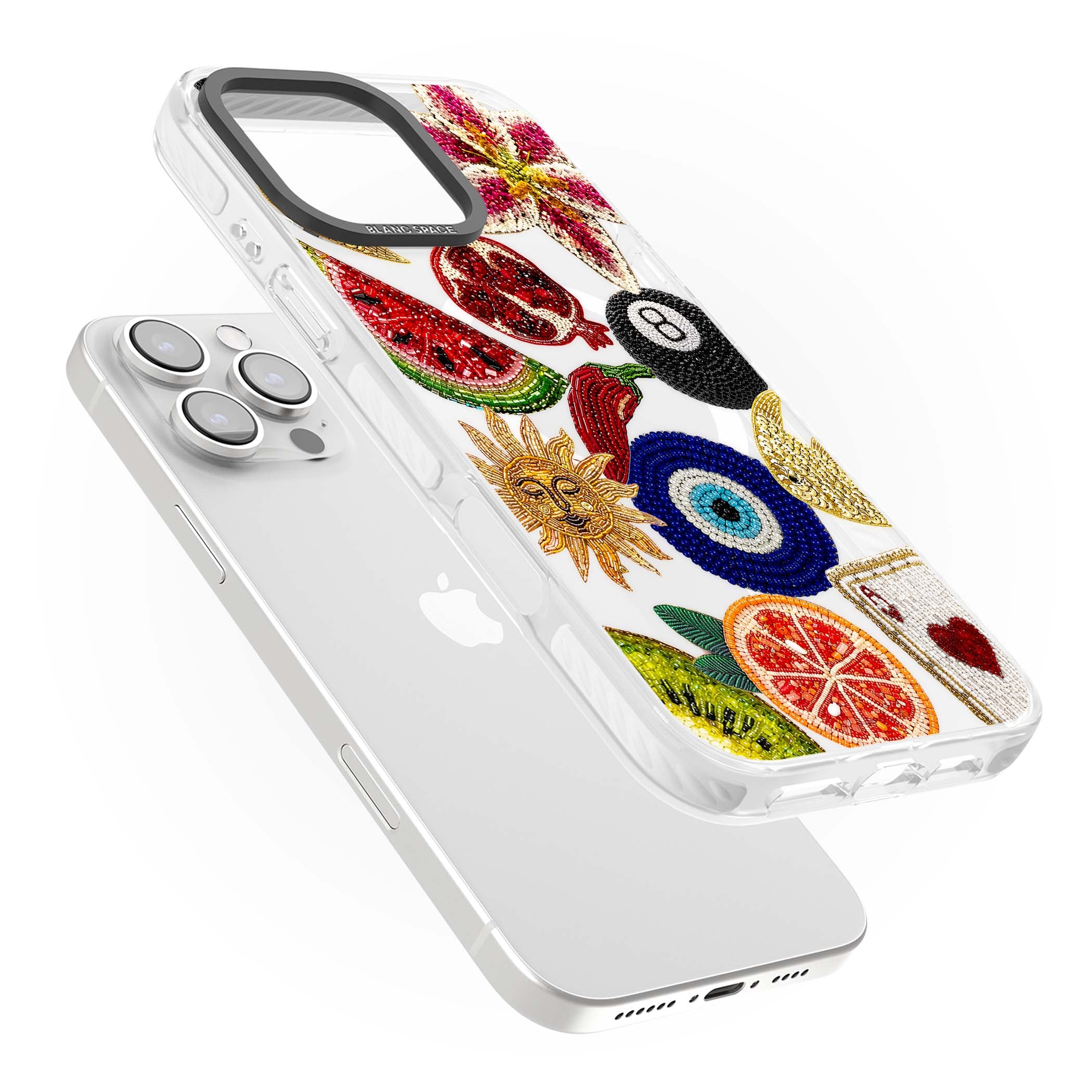 Beaded Charms embroidery iPhone case featuring beaded evil eye, fruit patches and a golden sun motif | Impact Magsafe case for iPhone 16 Pro, iPhone 16 Pro Max