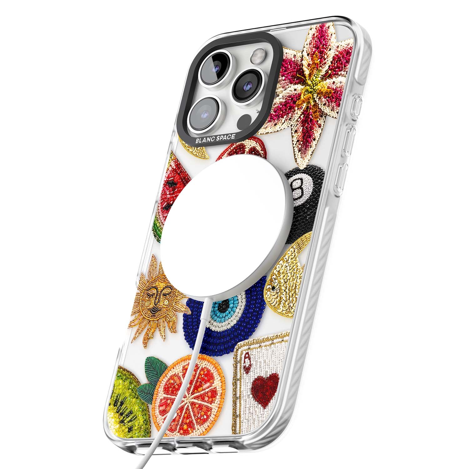 Beaded Charms embroidery iPhone case featuring beaded evil eye, fruit patches and a golden sun motif | Impact Magsafe case for iPhone 16 Pro, iPhone 16 Pro Max