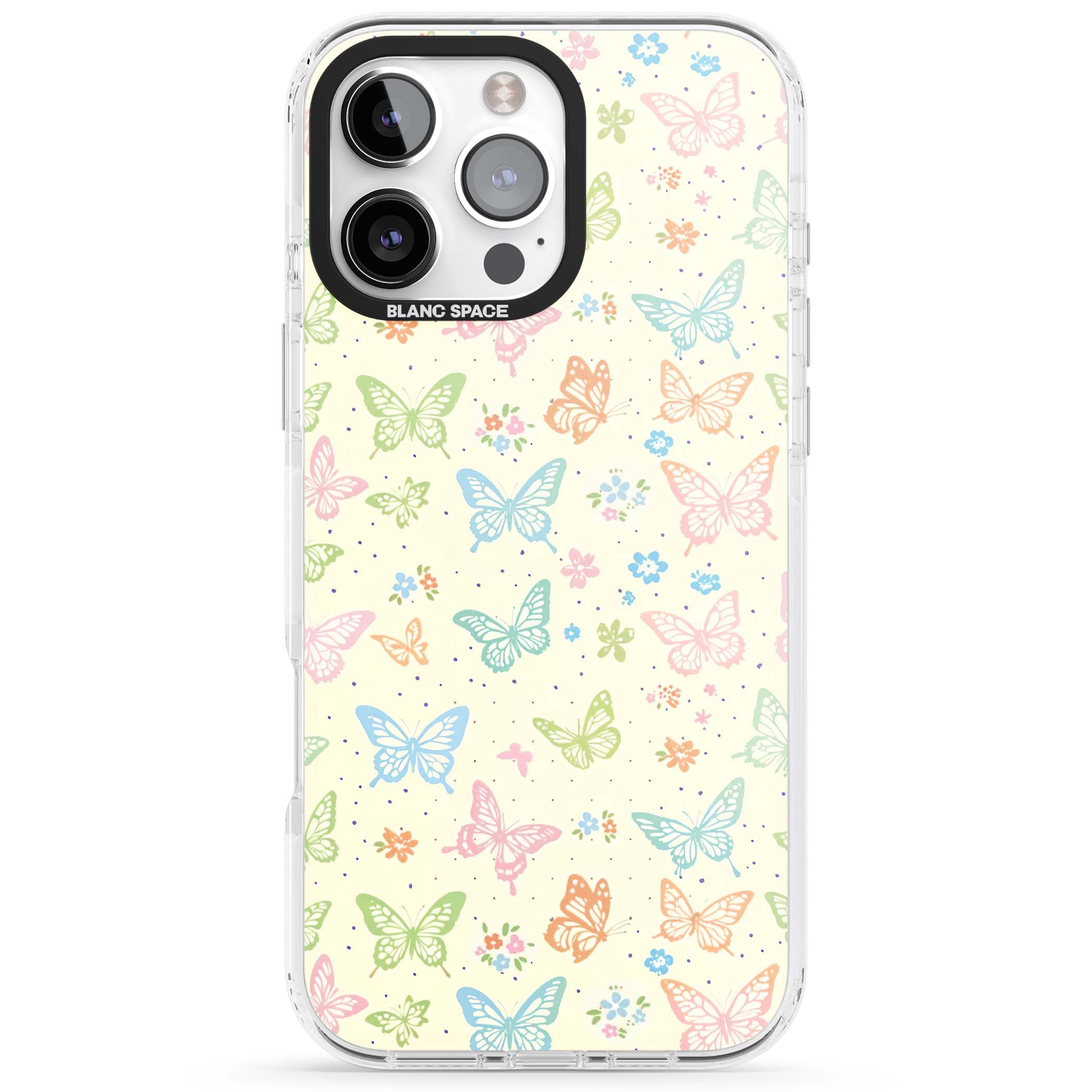 Sugar Wings cottagecore iPhone case featuring rainbow pastel butterflies, tiny wildflowers, and a cream background | Impact Magsafe case for iPhone 16 Pro, iPhone 16 Pro Max