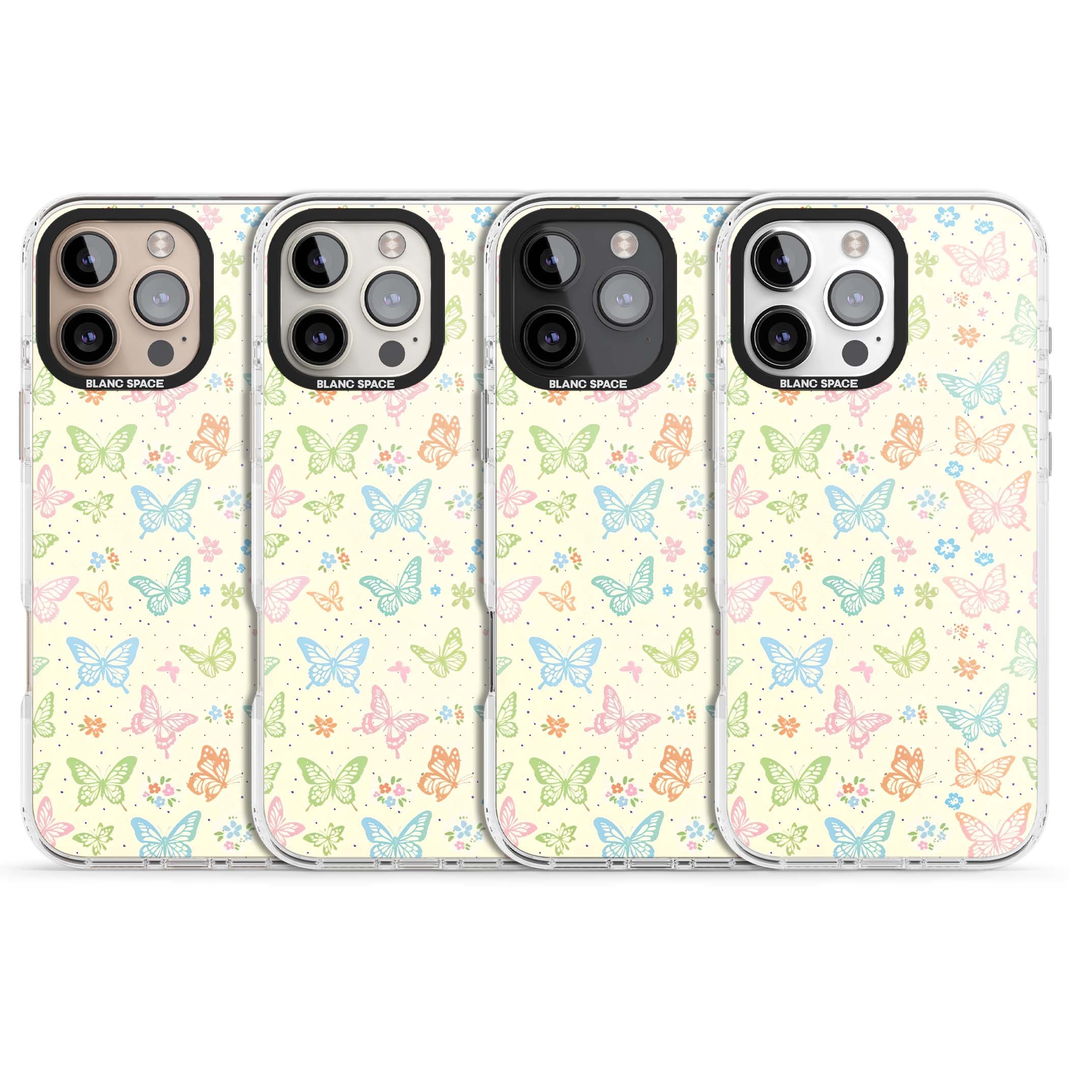Sugar Wings cottagecore iPhone case featuring rainbow pastel butterflies, tiny wildflowers, and a cream background | Impact Magsafe case for iPhone 16 Pro, iPhone 16 Pro Max