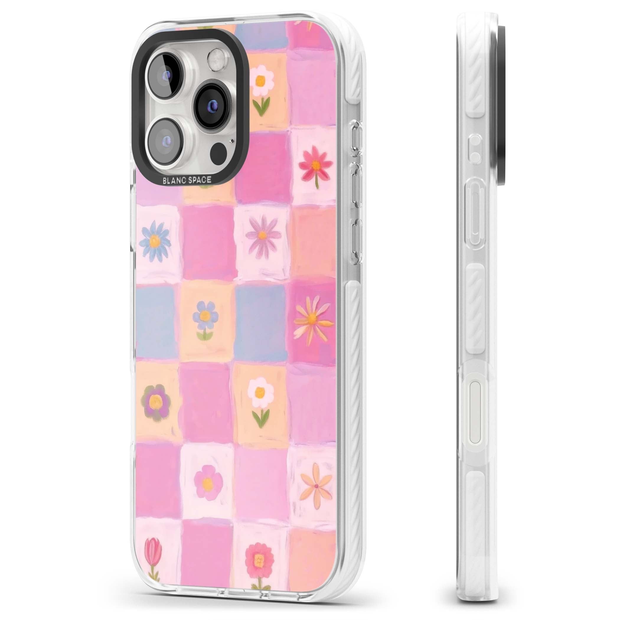 Pastel Flower Patchwork cottagecore iPhone case featuring painted pink and lilac squares with daisies and wildflowers | Impact Magsafe case for iPhone 16 Pro, iPhone 16 Pro Max
