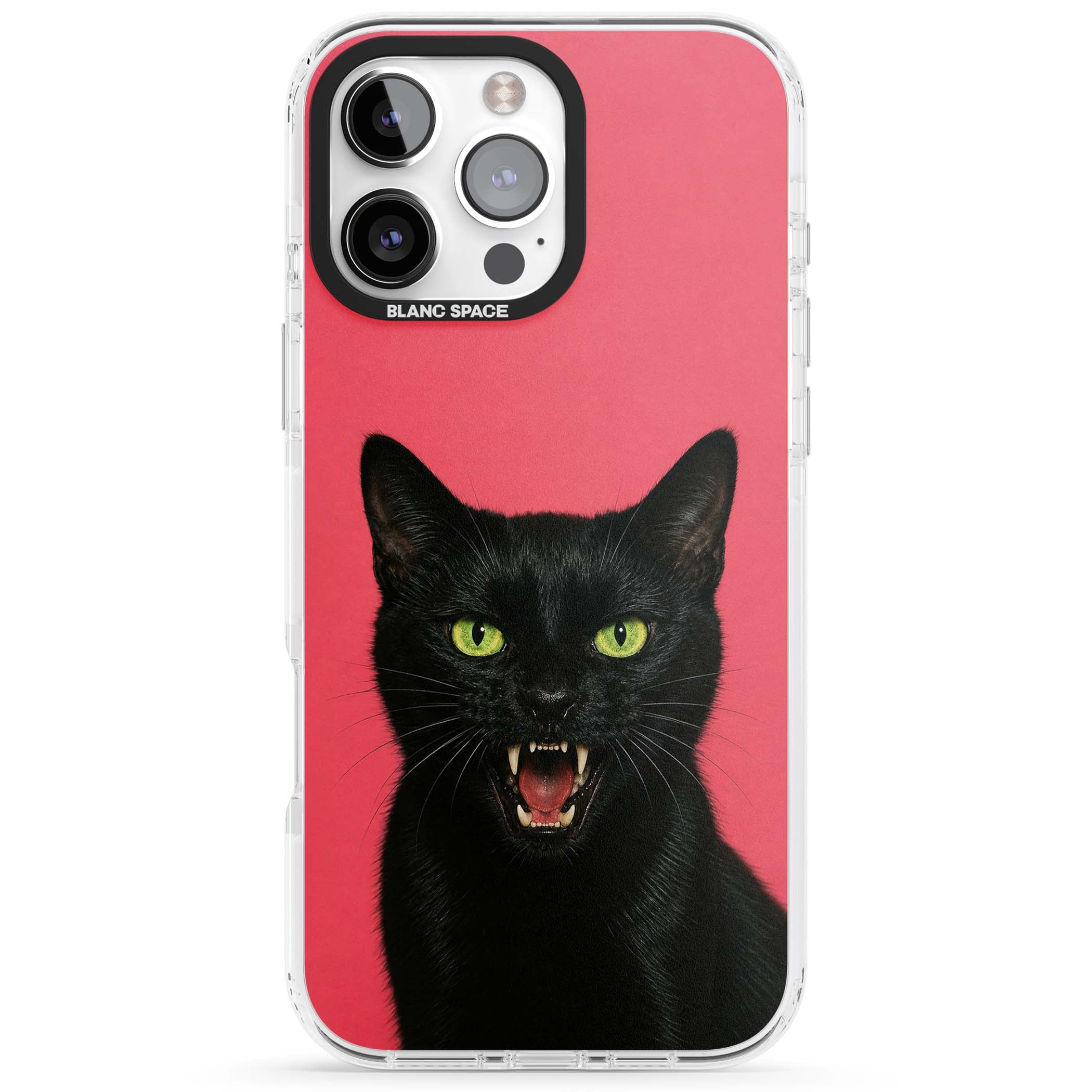 Hissin' Baddie black cat iPhone case featuring a hissing feline with green eyes on a hot pink background | Impact Magsafe case for iPhone 16 Pro, iPhone 16 Pro Max