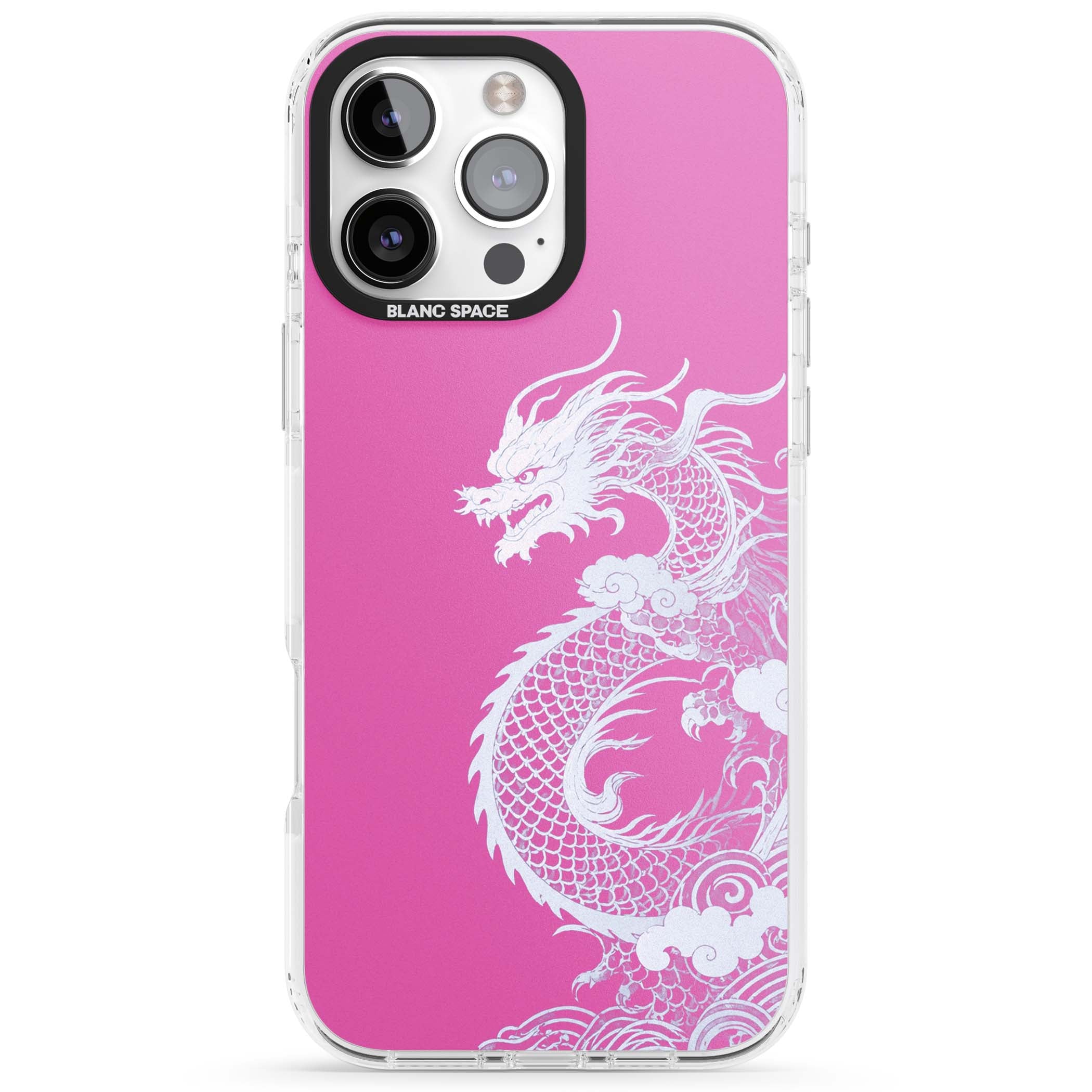 Pink Empress chinese dragon iPhone case featuring a white dragon, swirling clouds and pink dragon wallpaper backdrop | Impact Magsafe case for iPhone 16 Pro, iPhone 16 Pro Max