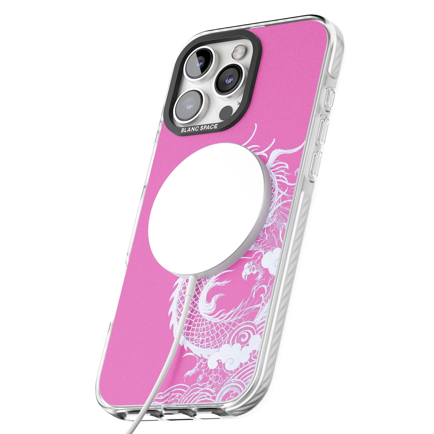 Pink Empress chinese dragon iPhone case featuring a white dragon, swirling clouds and pink dragon wallpaper backdrop | Impact Magsafe case for iPhone 16 Pro, iPhone 16 Pro Max
