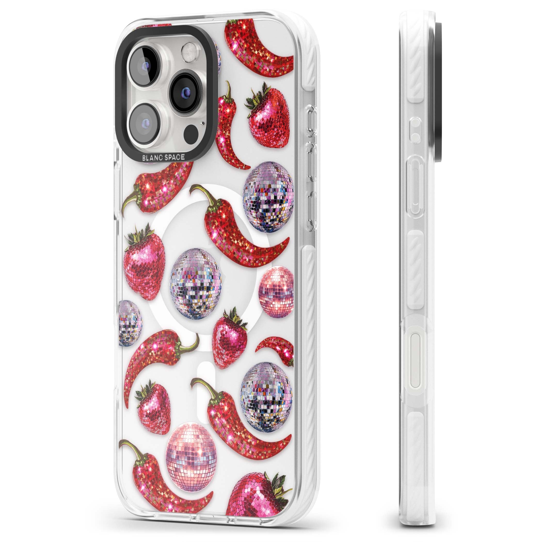 Spicy Disco Y2K iPhone case featuring glitter disco balls, sparkly strawberries and red chilli peppers | Impact Magsafe case for iPhone 16 Pro, iPhone 16 Pro Max