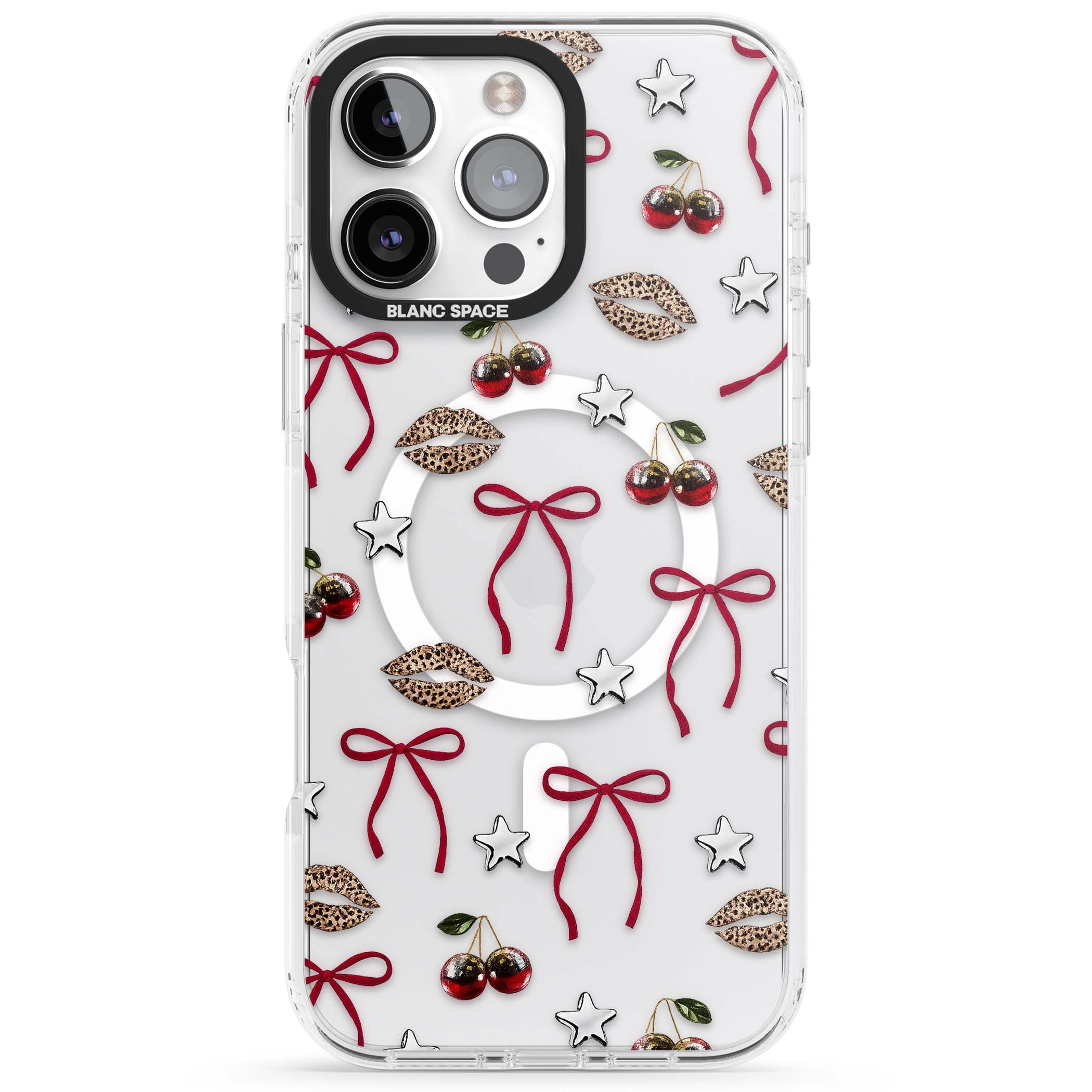 Starlet coquette iPhone case featuring red ribbon bows, disco cherries and leopard-print lips | Impact Magsafe case for iPhone 16 Pro, iPhone 16 Pro Max