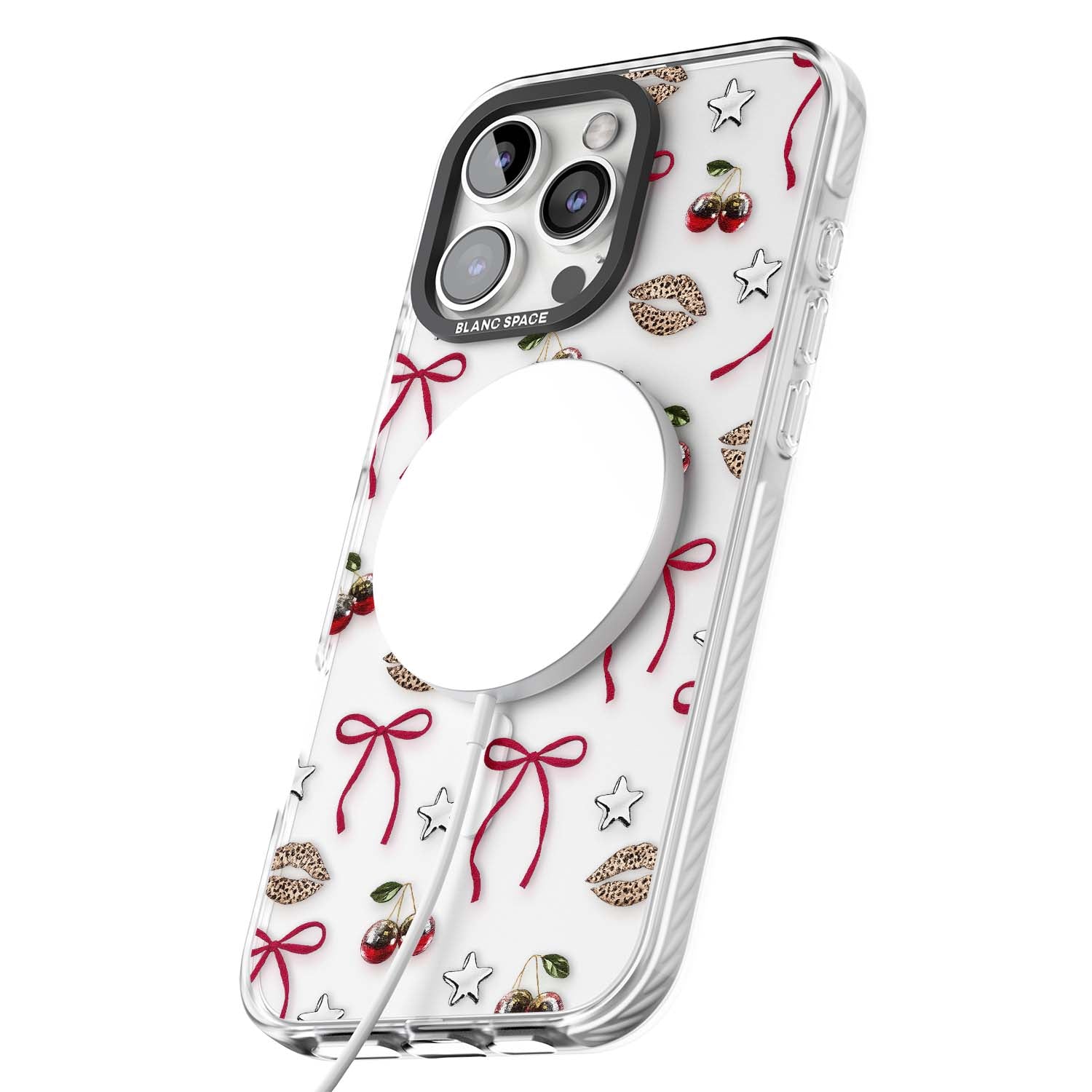 Starlet coquette iPhone case featuring red ribbon bows, disco cherries and leopard-print lips | Impact Magsafe case for iPhone 16 Pro, iPhone 16 Pro Max