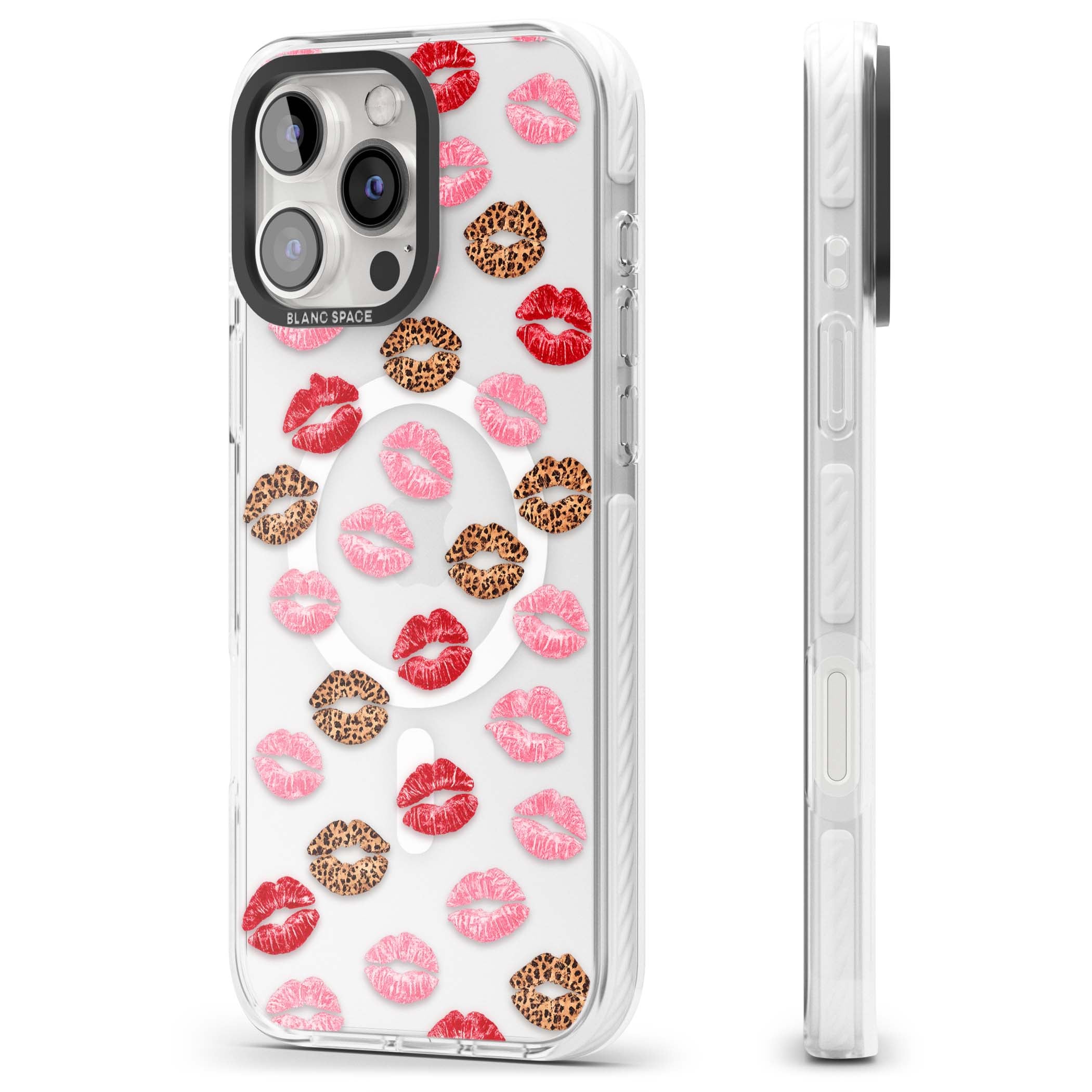 Wild Kisses coquette iPhone case featuring red, pink and leopard print lipstick kiss marks on a clear background | Impact Magsafe case for iPhone 16 Pro, iPhone 16 Pro Max