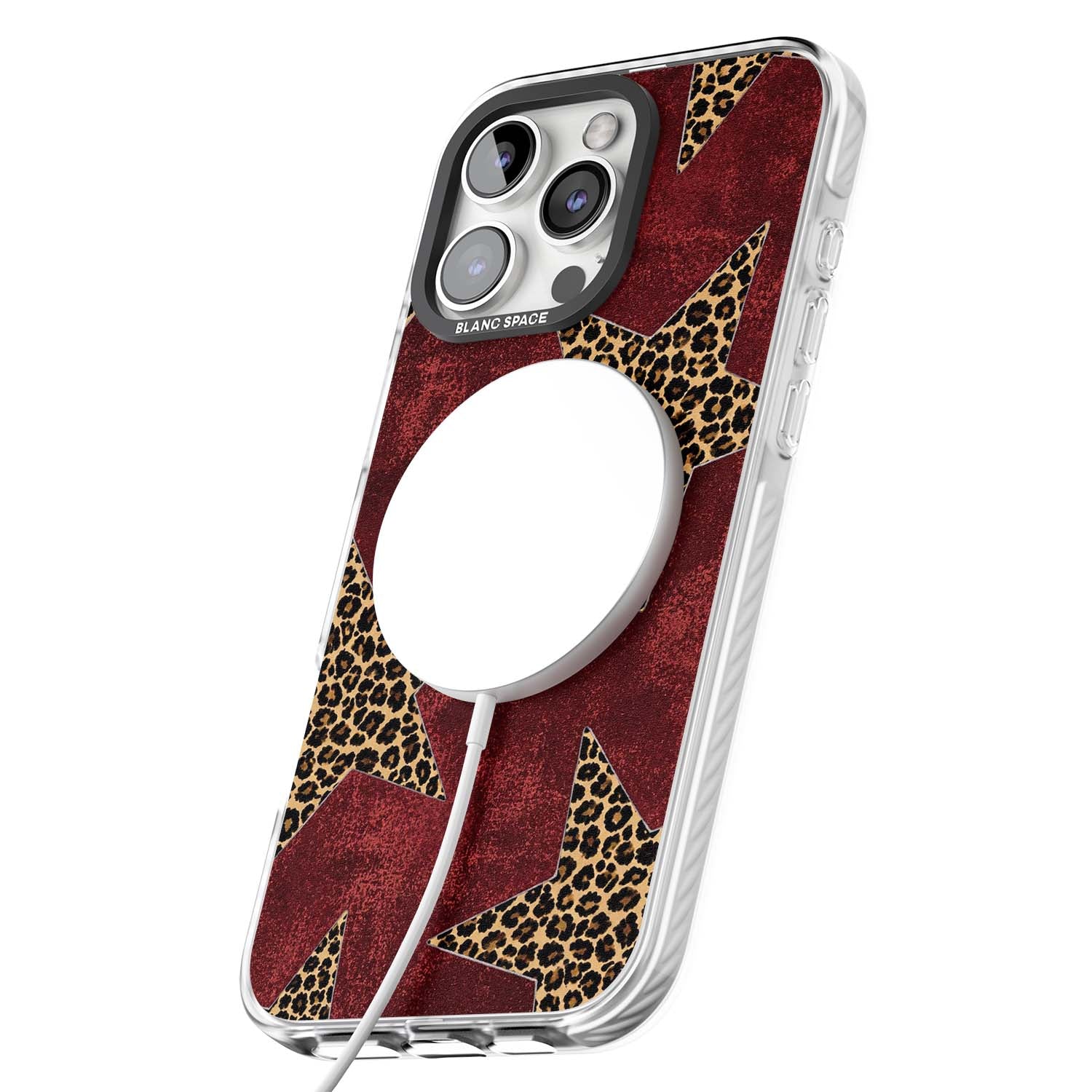 Showgirl leopard print iPhone case featuring cheetah print stars on distressed red grunge background | Impact Magsafe case for iPhone 16 Pro, iPhone 16 Pro Max