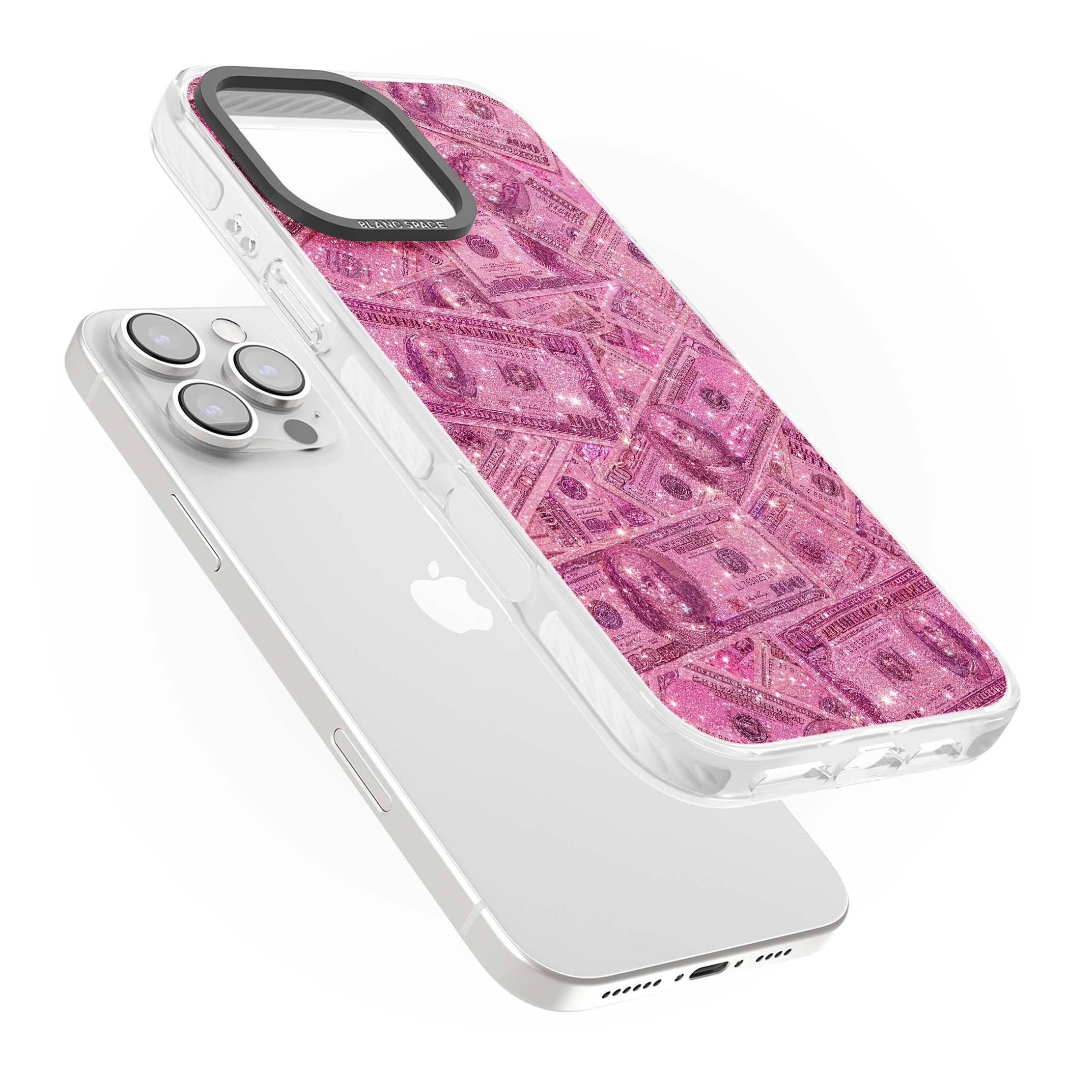 Glamorous baddie iPhone case featuring pink glitter hundred dollar bills and sparkling money wallpaper design | Impact Magsafe case for iPhone 16 Pro, iPhone 16 Pro Max
