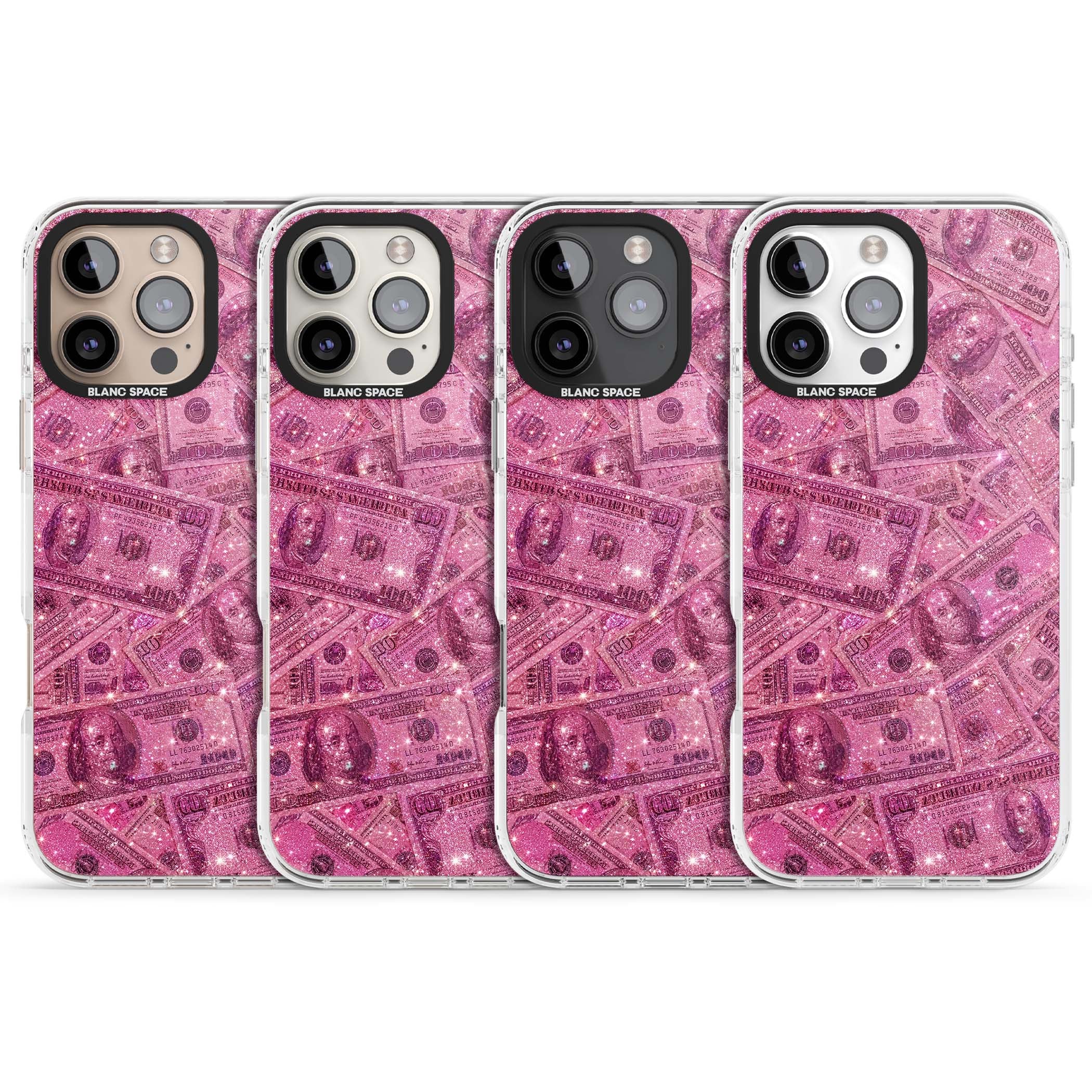 Glamorous baddie iPhone case featuring pink glitter hundred dollar bills and sparkling money wallpaper design | Impact Magsafe case for iPhone 16 Pro, iPhone 16 Pro Max