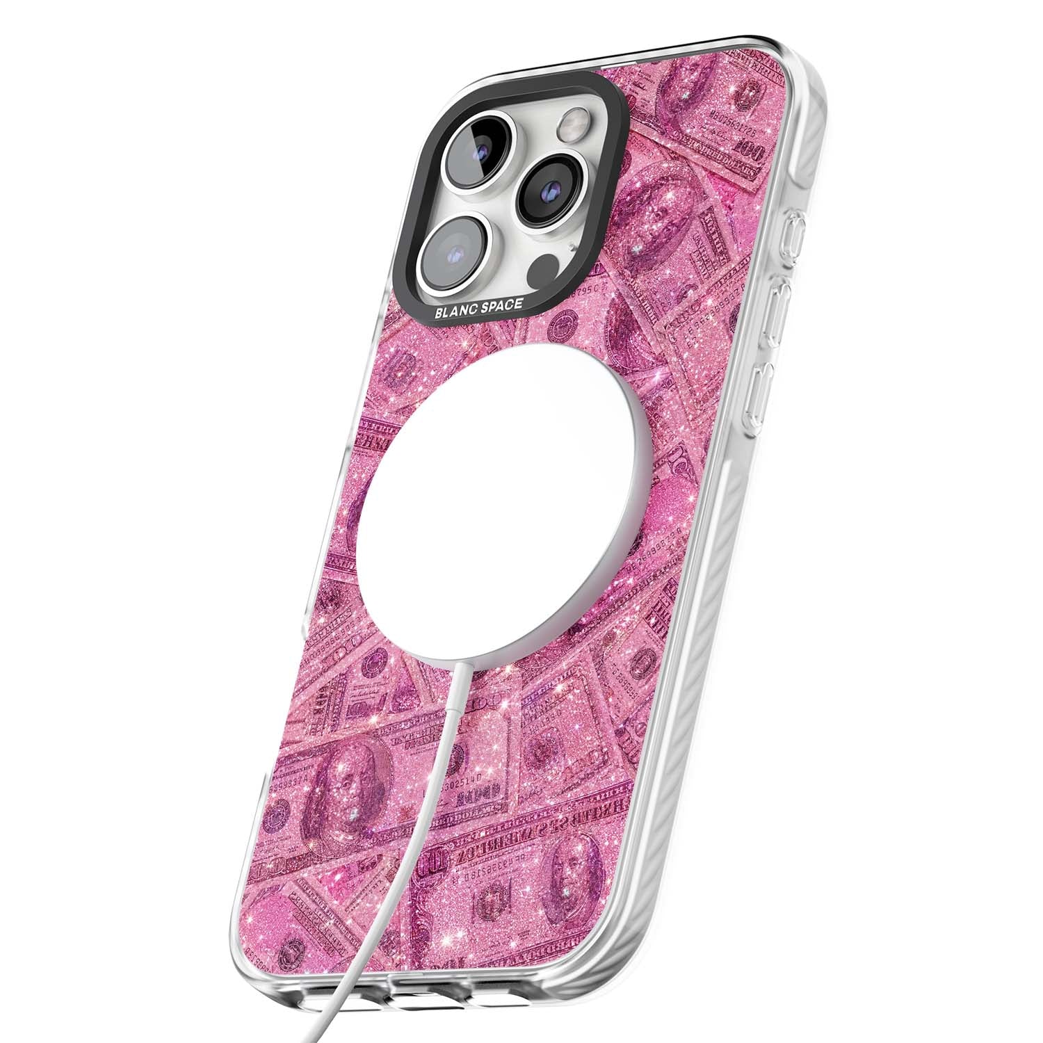 Glamorous baddie iPhone case featuring pink glitter hundred dollar bills and sparkling money wallpaper design | Impact Magsafe case for iPhone 16 Pro, iPhone 16 Pro Max