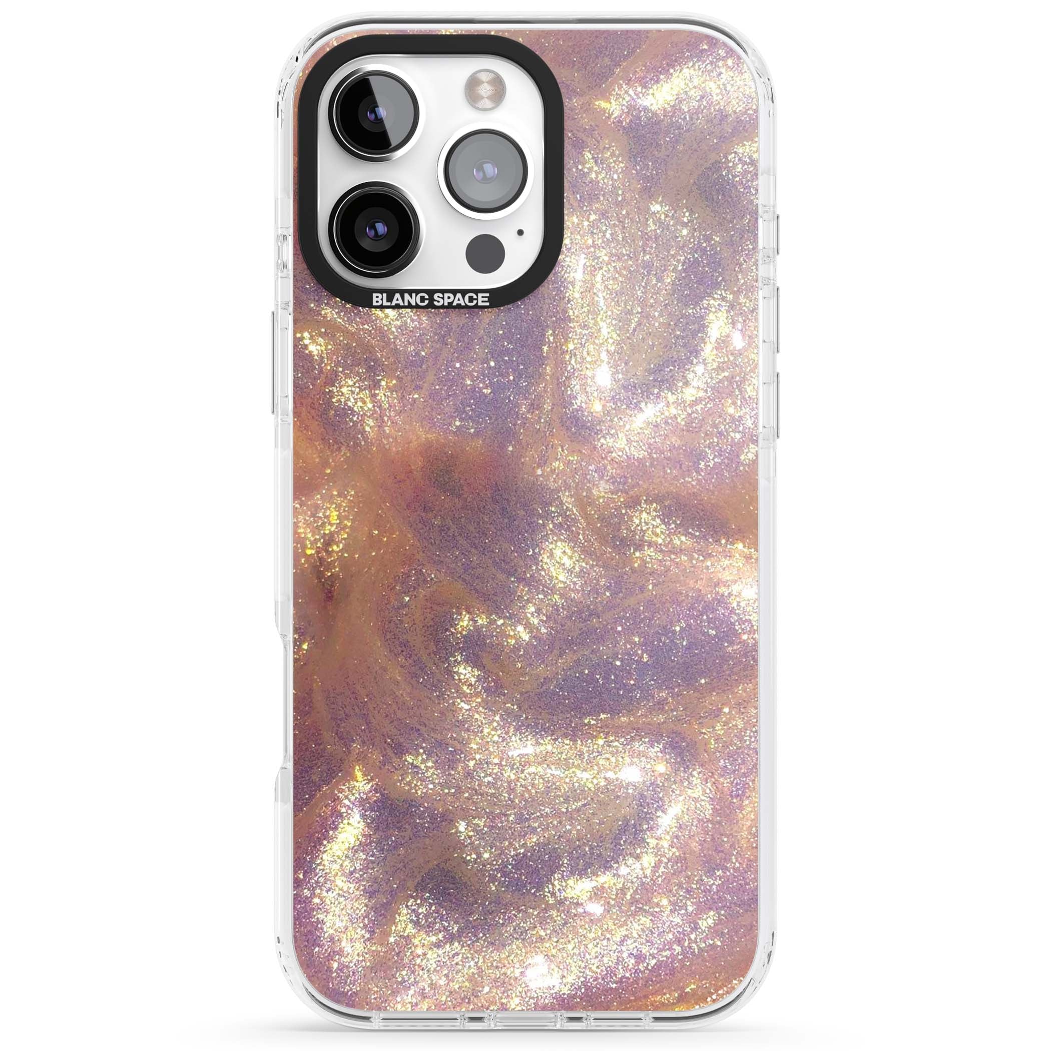 Shimmer marble iPhone case featuring rose gold glitter swirls, lilac shimmer and iridescent pearl finish | Impact Magsafe case for iPhone 16 Pro, iPhone 16 Pro Max
