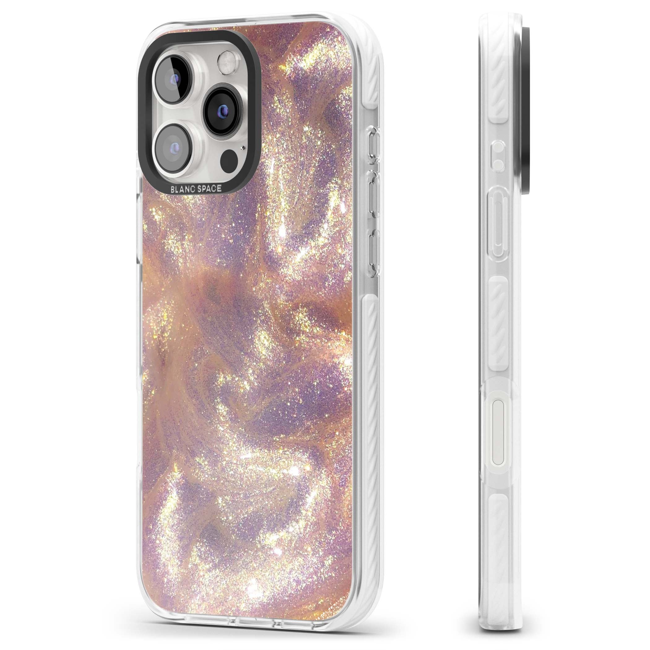 Shimmer marble iPhone case featuring rose gold glitter swirls, lilac shimmer and iridescent pearl finish | Impact Magsafe case for iPhone 16 Pro, iPhone 16 Pro Max