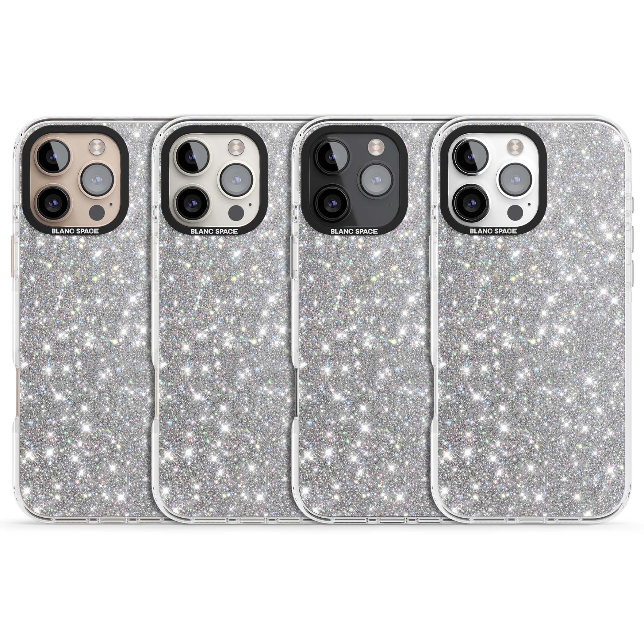Diamond glam iPhone case featuring silver glitter sparkle and shimmering diamond dust effect | Impact Magsafe case for iPhone 16 Pro, iPhone 16 Pro Max