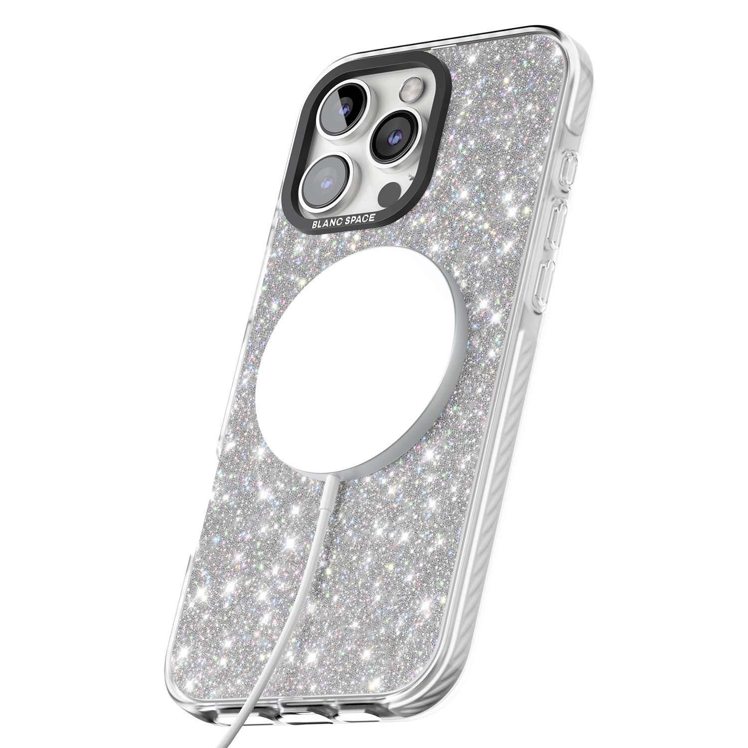 Diamond glam iPhone case featuring silver glitter sparkle and shimmering diamond dust effect | Impact Magsafe case for iPhone 16 Pro, iPhone 16 Pro Max