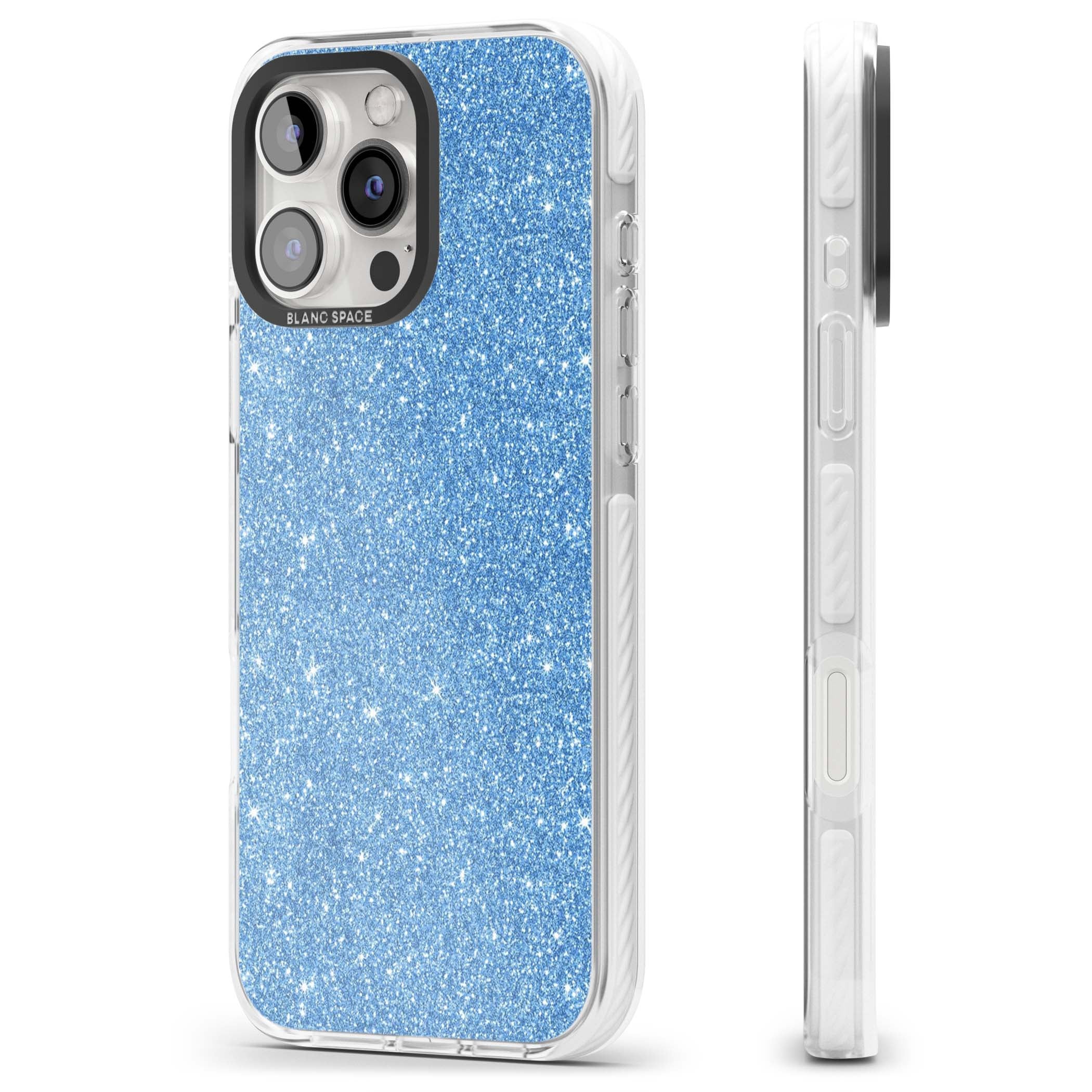 Blue Glitter blue glitter iPhone case featuring dense sparkling cerulean glitter with a glamorous shimmering finish | Impact Magsafe case for iPhone 16 Pro, iPhone 16 Pro Max