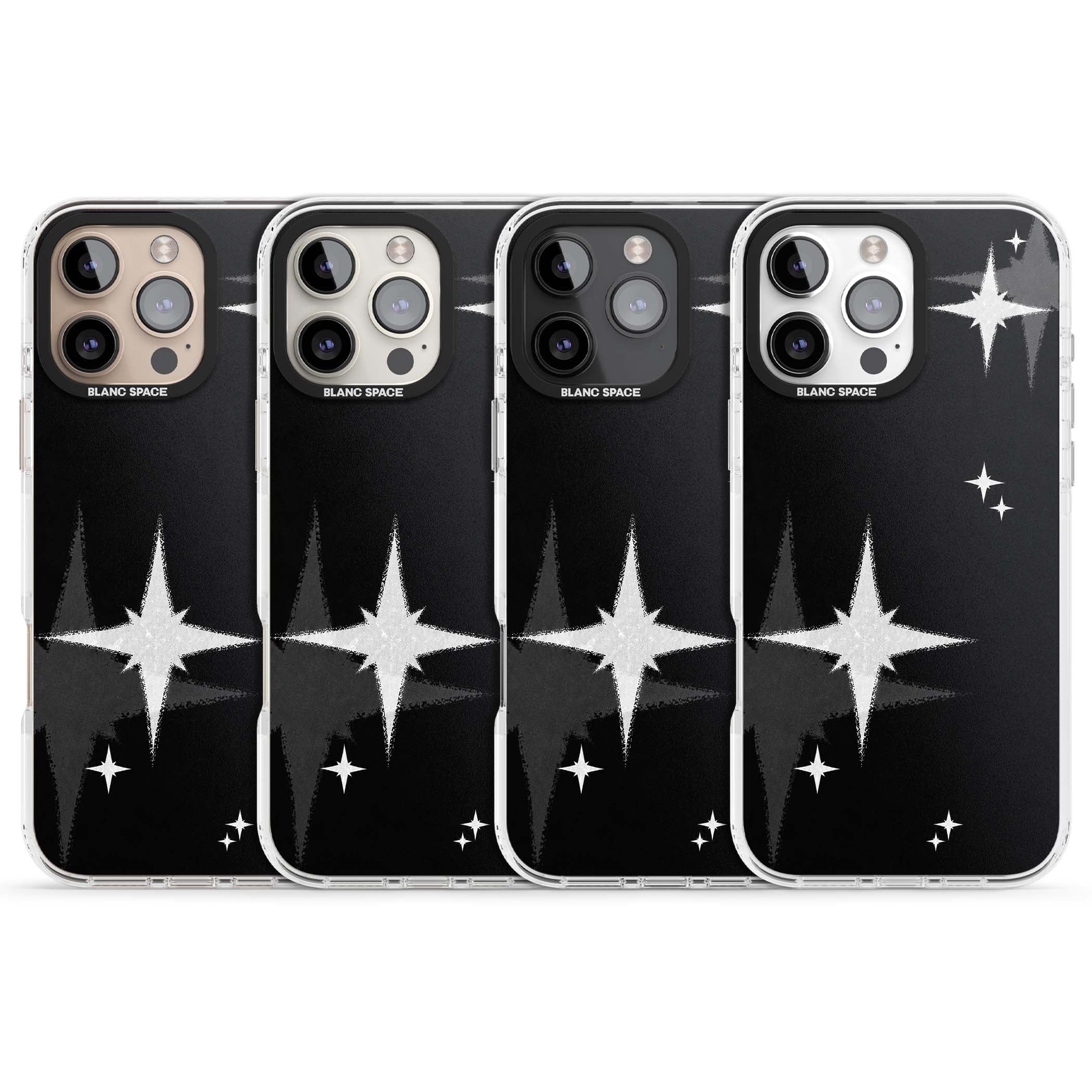 Black Sparkle celestial iPhone case featuring white sparkle stars on a black night sky background | Impact Magsafe case for iPhone 16 Pro, iPhone 16 Pro Max