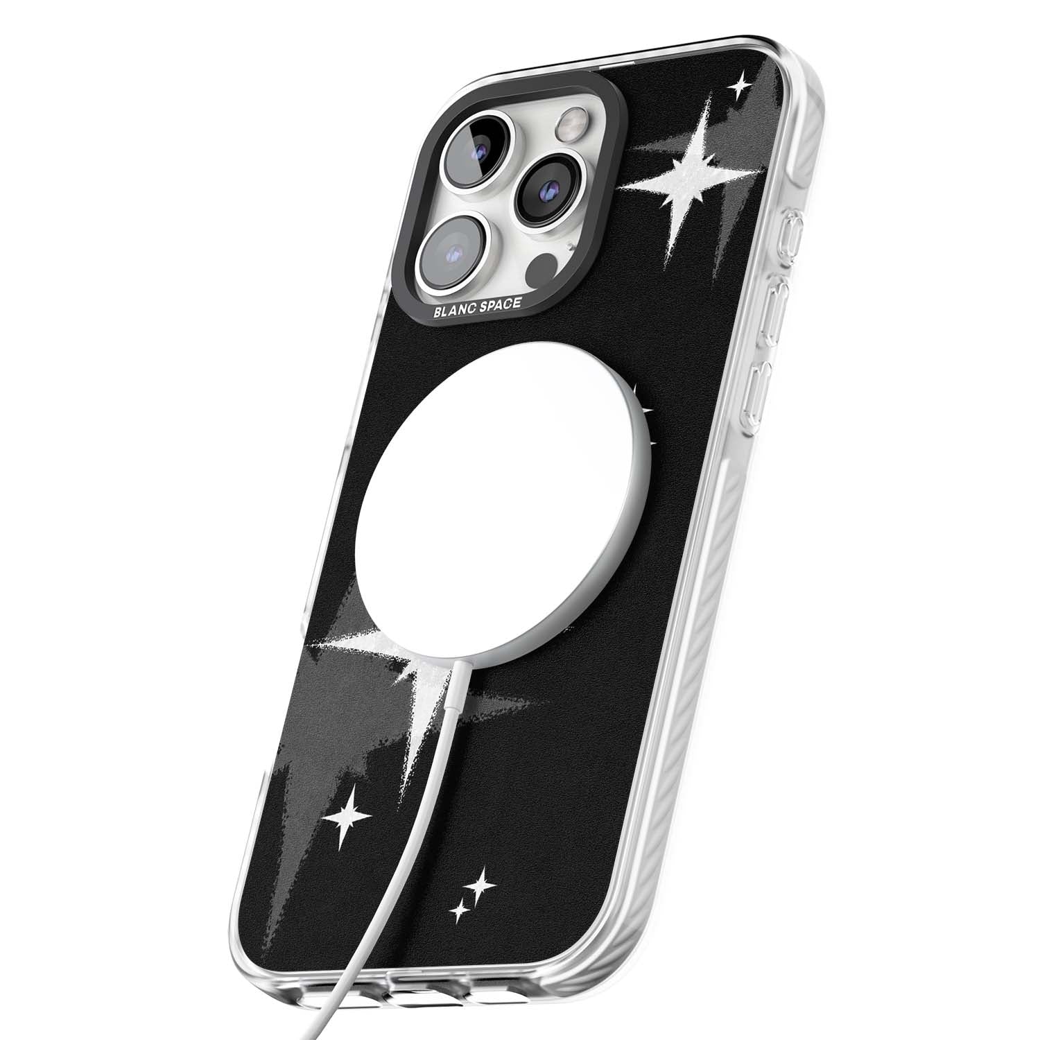 Black Sparkle celestial iPhone case featuring white sparkle stars on a black night sky background | Impact Magsafe case for iPhone 16 Pro, iPhone 16 Pro Max