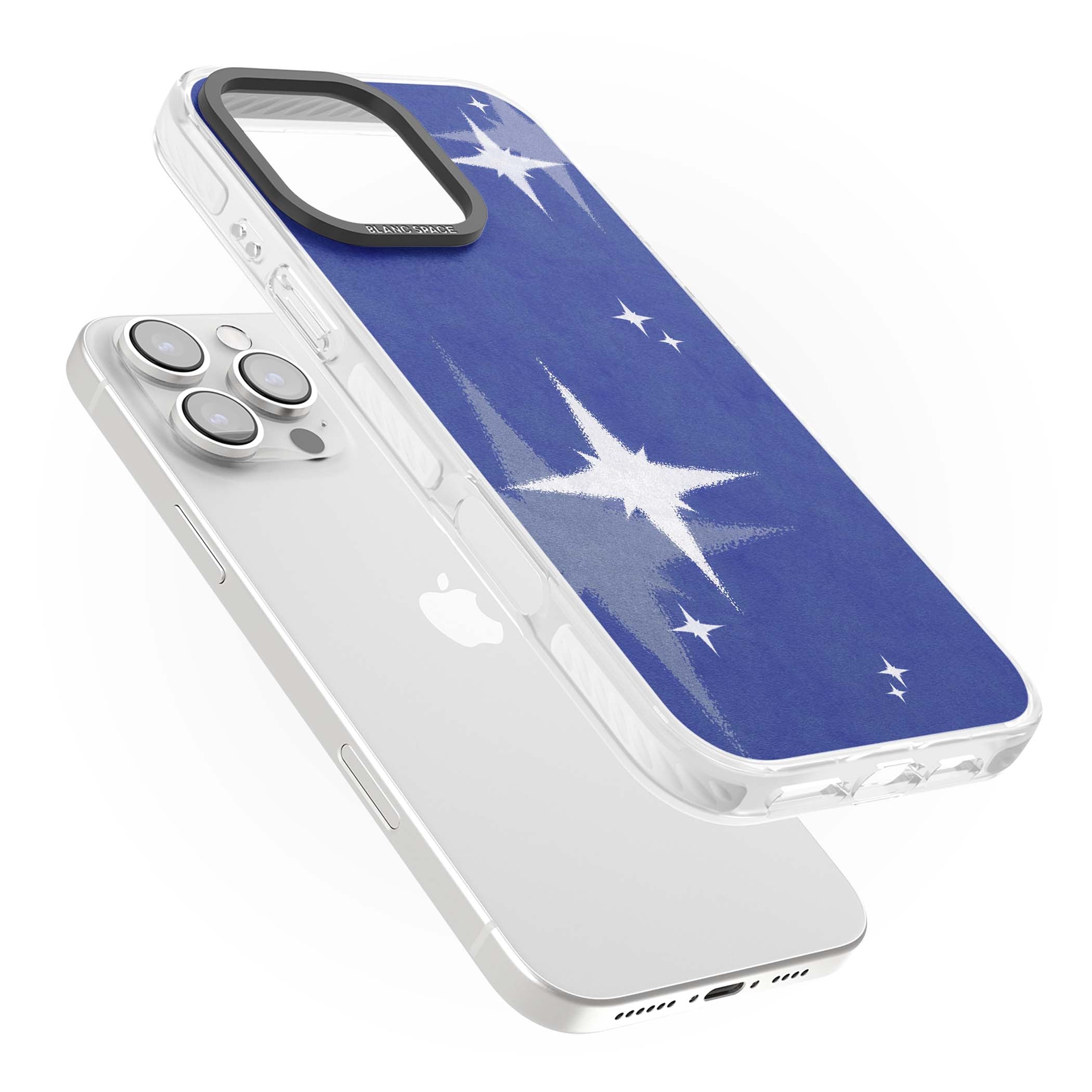 Blue Sparkle celestial iPhone case featuring sparkling silver stars on a deep blue painterly night sky | Impact Magsafe case for iPhone 16 Pro, iPhone 16 Pro Max