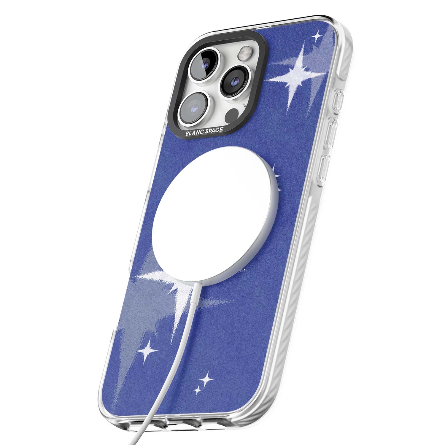 Blue Sparkle celestial iPhone case featuring sparkling silver stars on a deep blue painterly night sky | Impact Magsafe case for iPhone 16 Pro, iPhone 16 Pro Max