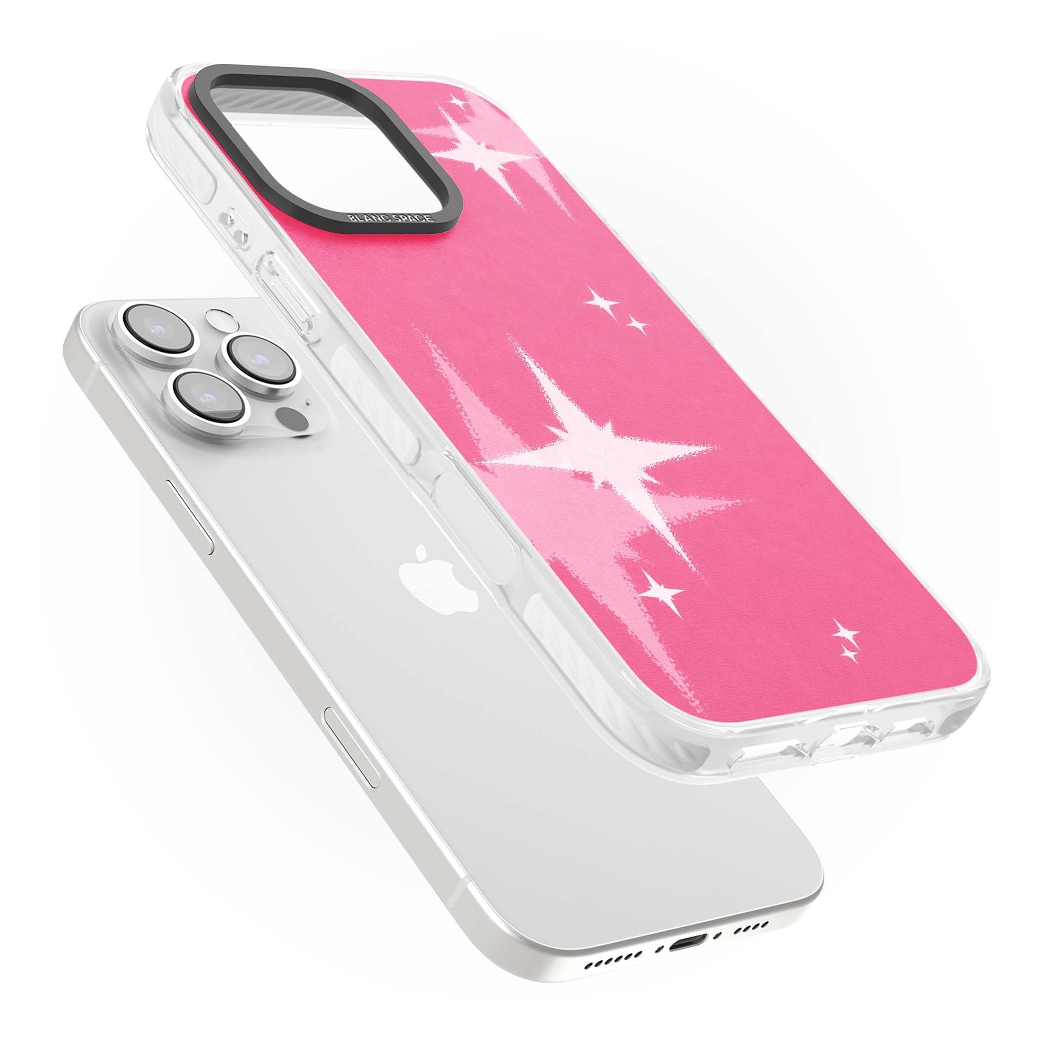 Pink Sparkle Y2K iPhone case featuring hot pink background with shimmering white starburst pattern | Impact Magsafe case for iPhone 16 Pro, iPhone 16 Pro Max