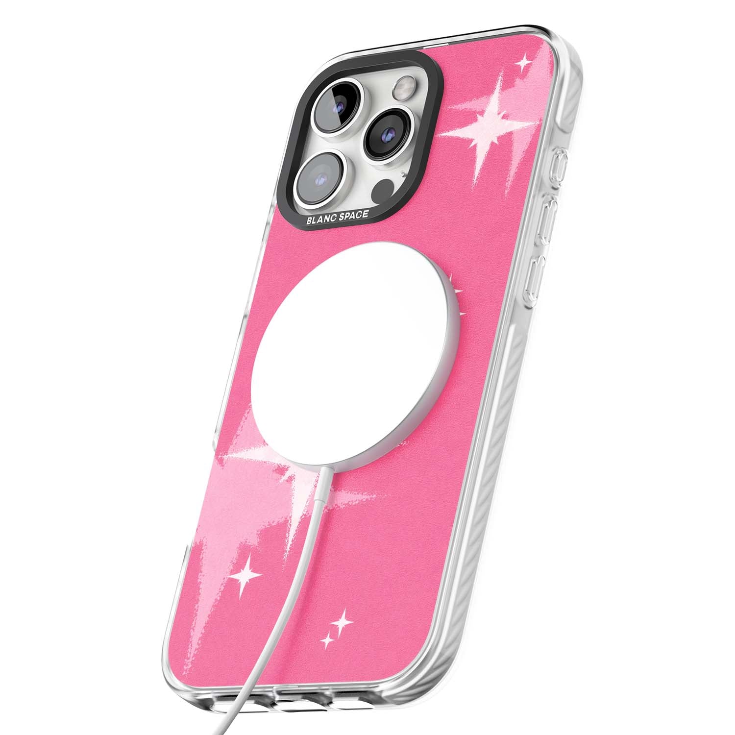 Pink Sparkle Y2K iPhone case featuring hot pink background with shimmering white starburst pattern | Impact Magsafe case for iPhone 16 Pro, iPhone 16 Pro Max