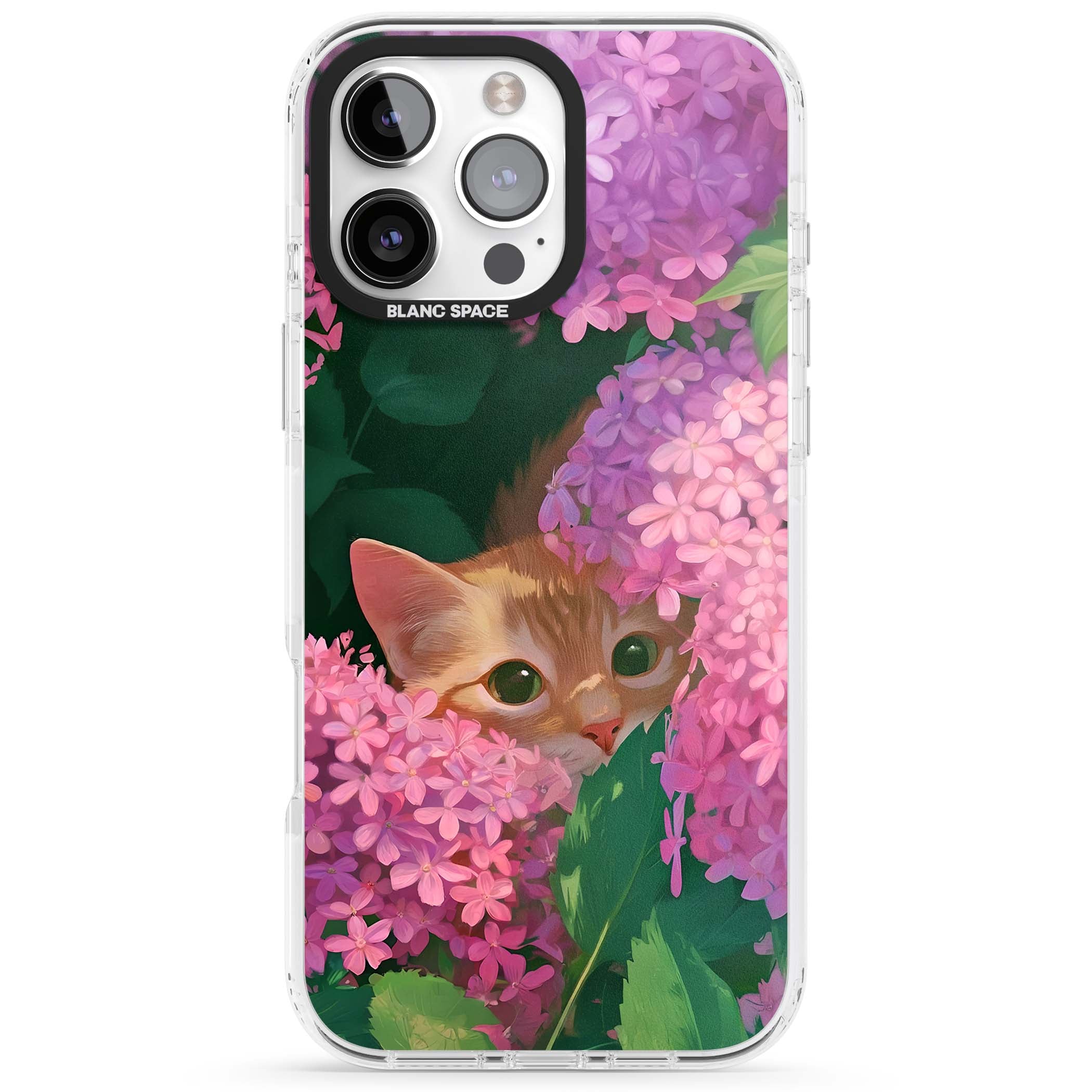 Cat In Pink Flowers cottagecore iPhone case featuring a ginger kitten peeking through lilac and pink hydrangea flo | Impact Magsafe case for iPhone 16 Pro, iPhone 16 Pro Max