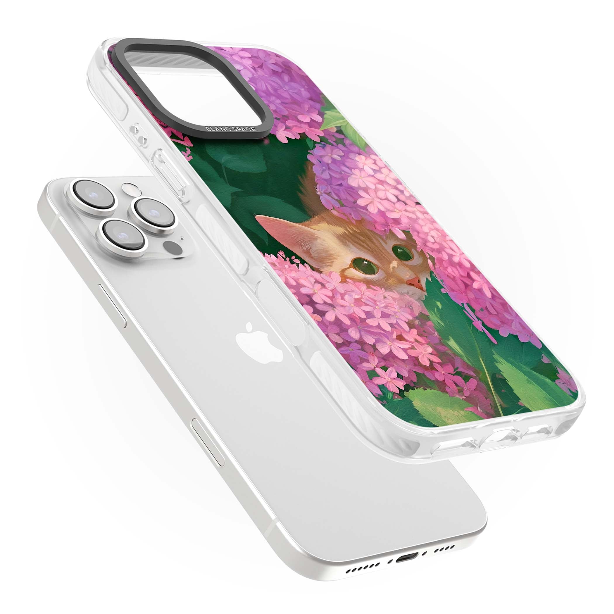 Cat In Pink Flowers cottagecore iPhone case featuring a ginger kitten peeking through lilac and pink hydrangea flo | Impact Magsafe case for iPhone 16 Pro, iPhone 16 Pro Max