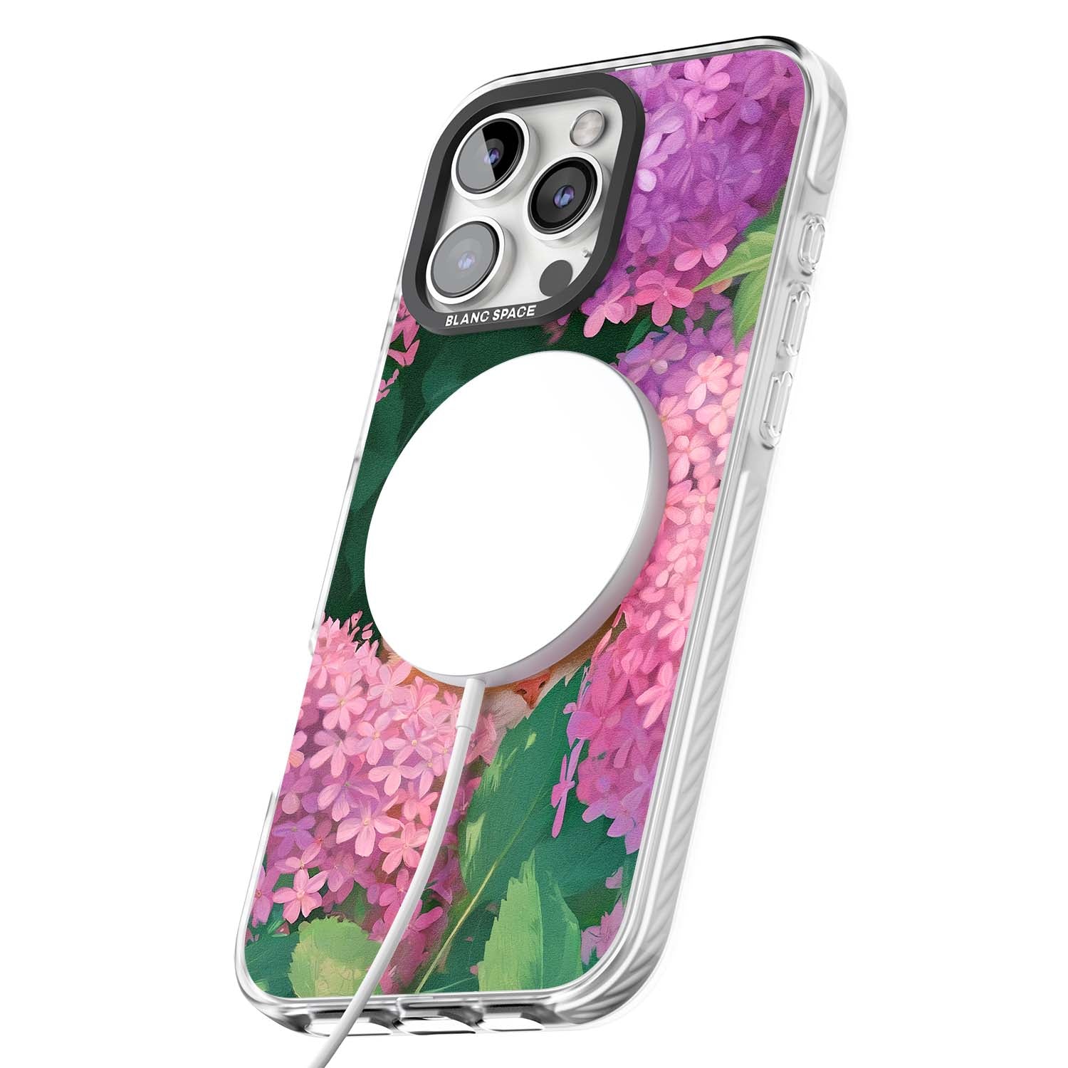 Cat In Pink Flowers cottagecore iPhone case featuring a ginger kitten peeking through lilac and pink hydrangea flo | Impact Magsafe case for iPhone 16 Pro, iPhone 16 Pro Max