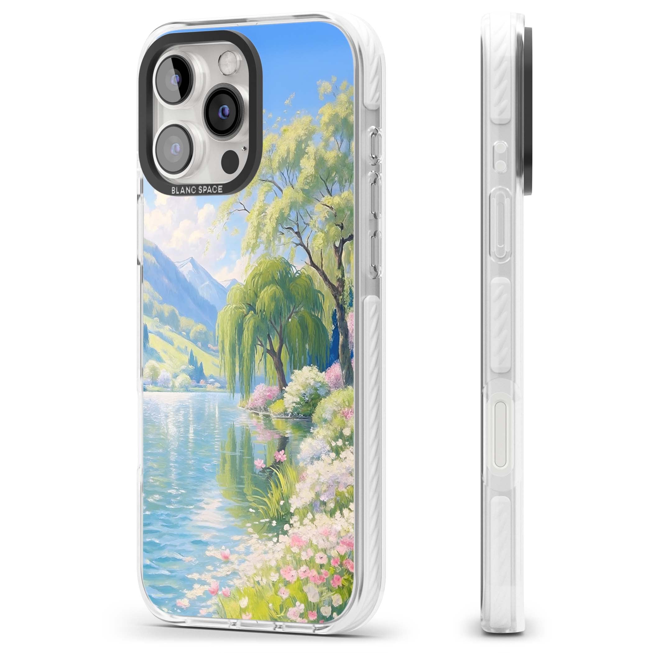 Willow Lake cottagecore iPhone case featuring a painted lakeside with weeping willow, blossoms and distant mountains | Impact Magsafe case for iPhone 16 Pro, iPhone 16 Pro Max