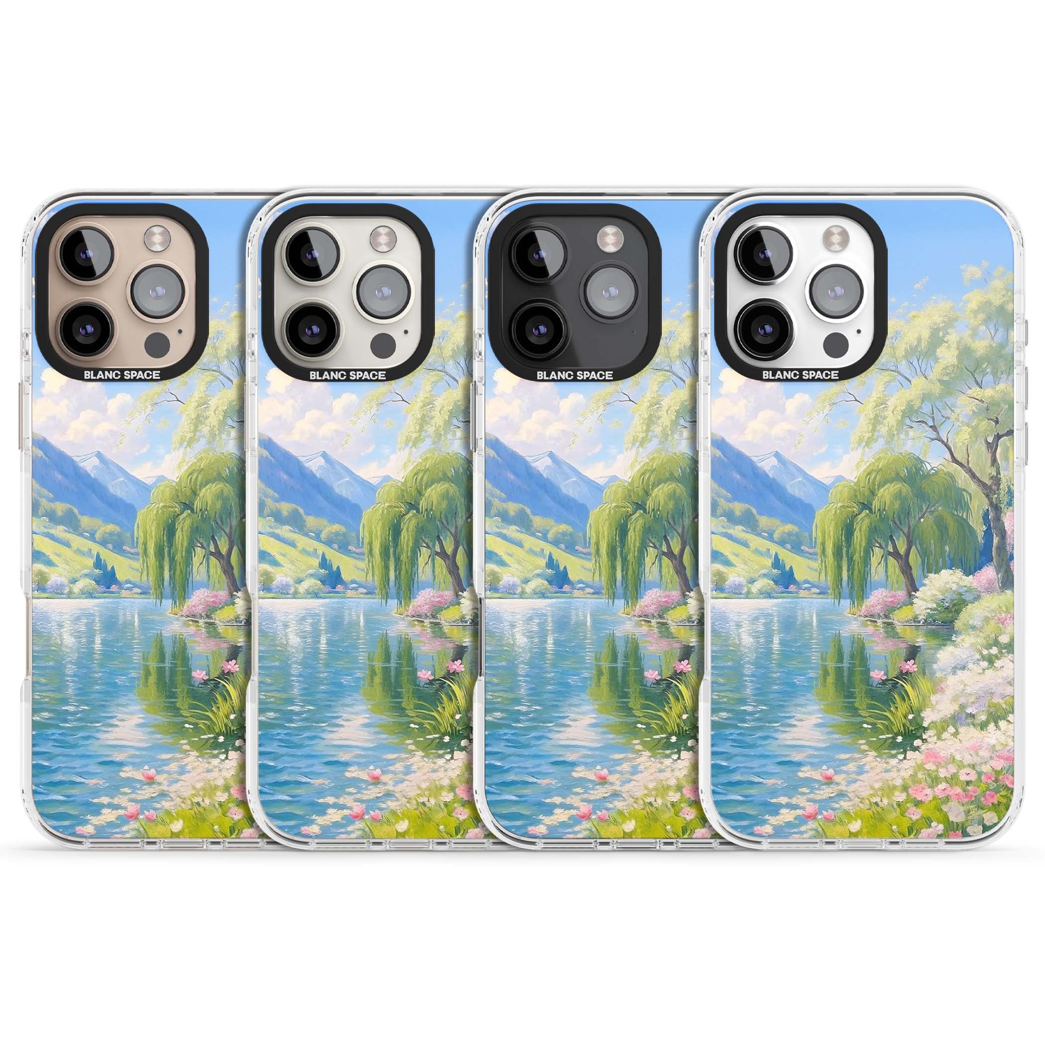 Willow Lake cottagecore iPhone case featuring a painted lakeside with weeping willow, blossoms and distant mountains | Impact Magsafe case for iPhone 16 Pro, iPhone 16 Pro Max