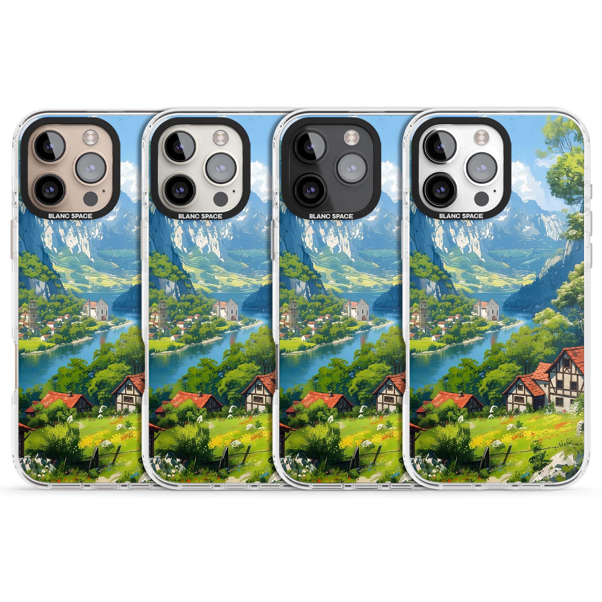 Village In The Valley anime iPhone case featuring a painted mountain village, river valley and half-timbered cottages. | Impact Magsafe case for iPhone 16 Pro, iPhone 16 Pro Max