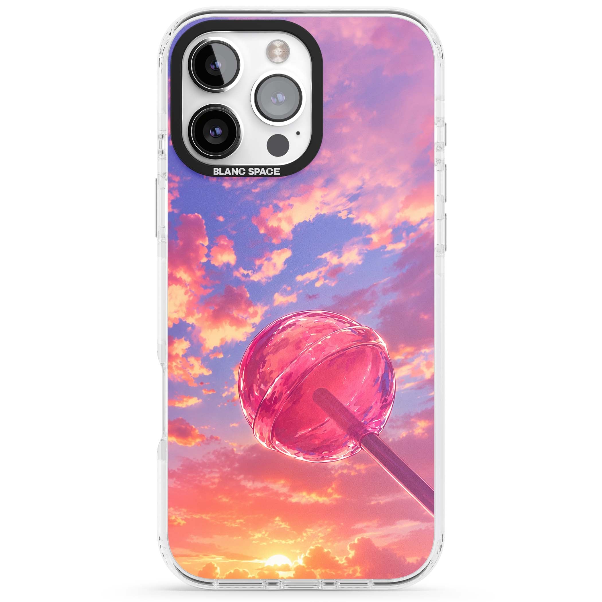 Sugar Sunset candy aesthetic iPhone case featuring a pink lollipop, pastel sunset sky and dreamy clouds | Impact Magsafe case for iPhone 16 Pro, iPhone 16 Pro Max