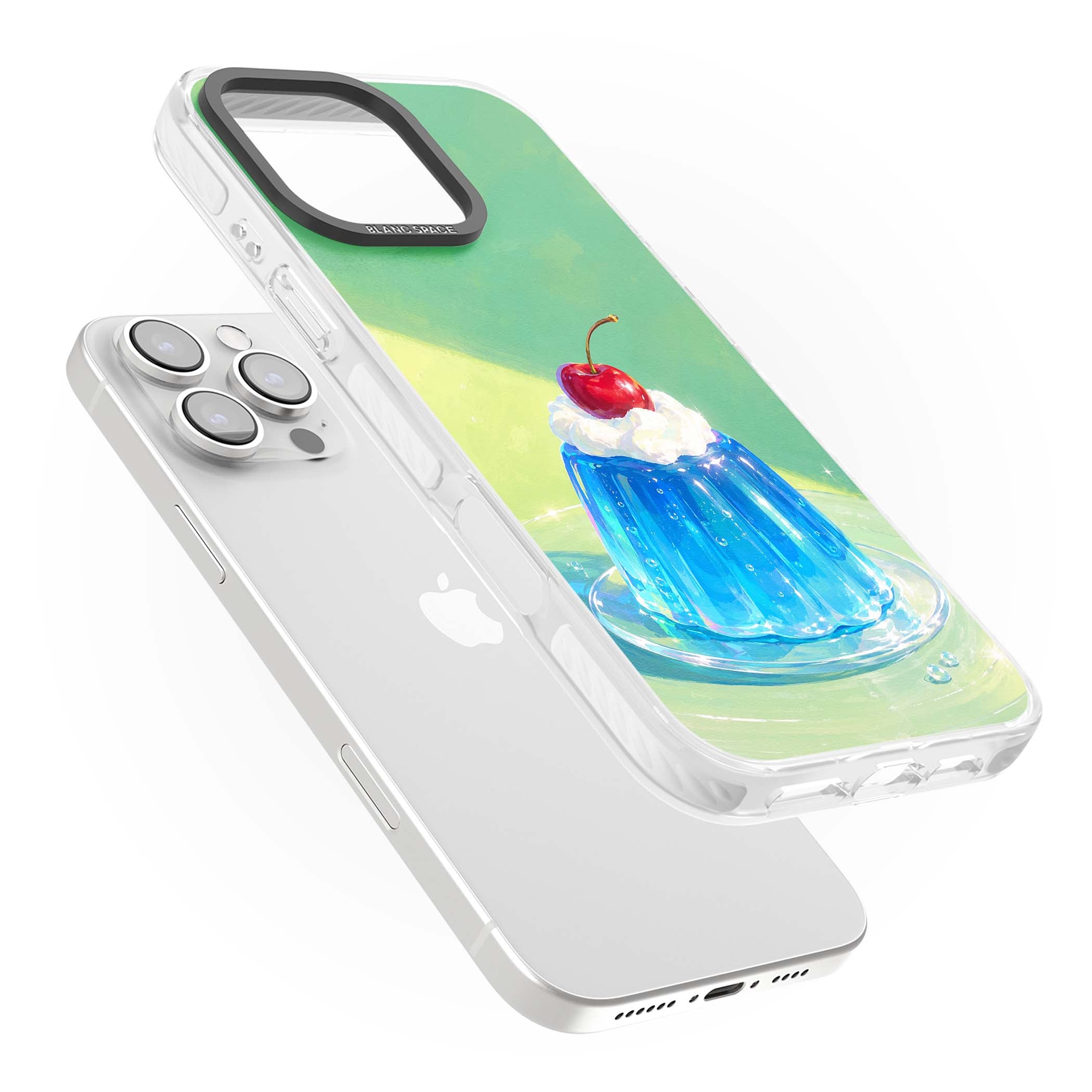 Cherry Jelly kawaii dessert iPhone case featuring blue jelly pudding, whipped cream and a red cherry | Impact Magsafe case for iPhone 16 Pro, iPhone 16 Pro Max